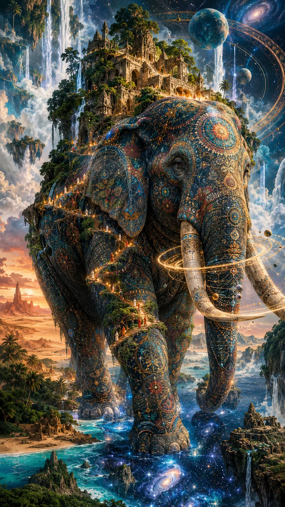 Ancient elephant trekking across a surreal merged landscape