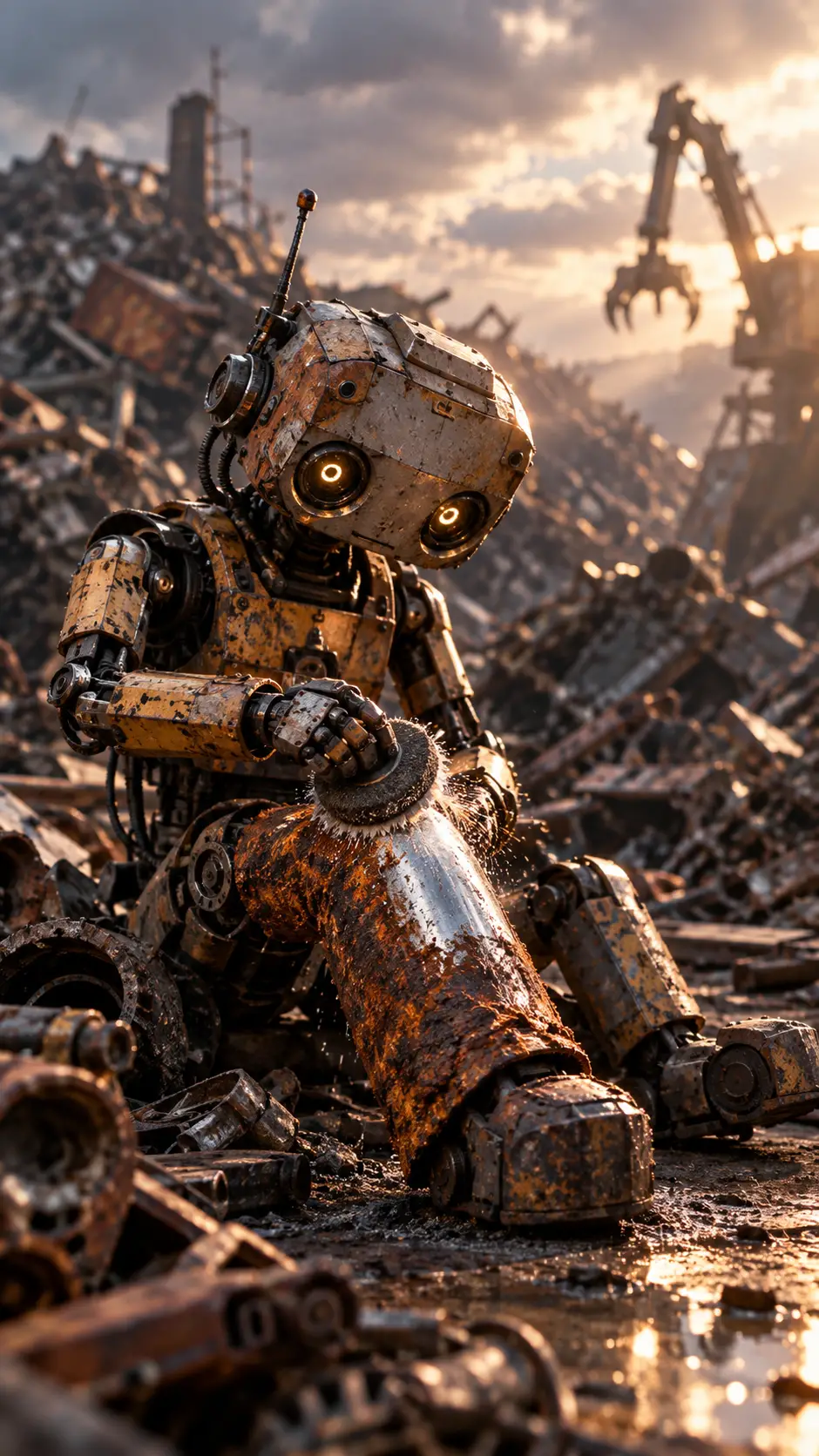 Rusty maintenance robot cleaning its leg in a scrapyard
