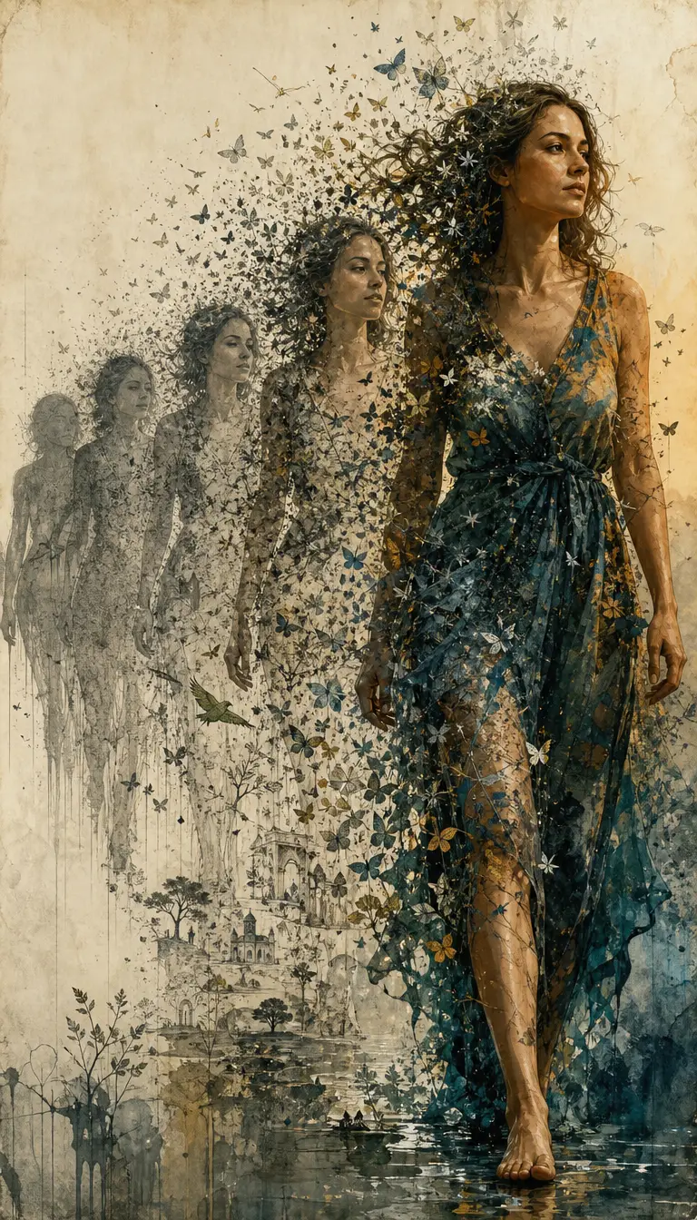 Woman walking forward with fading symbolic silhouettes behind