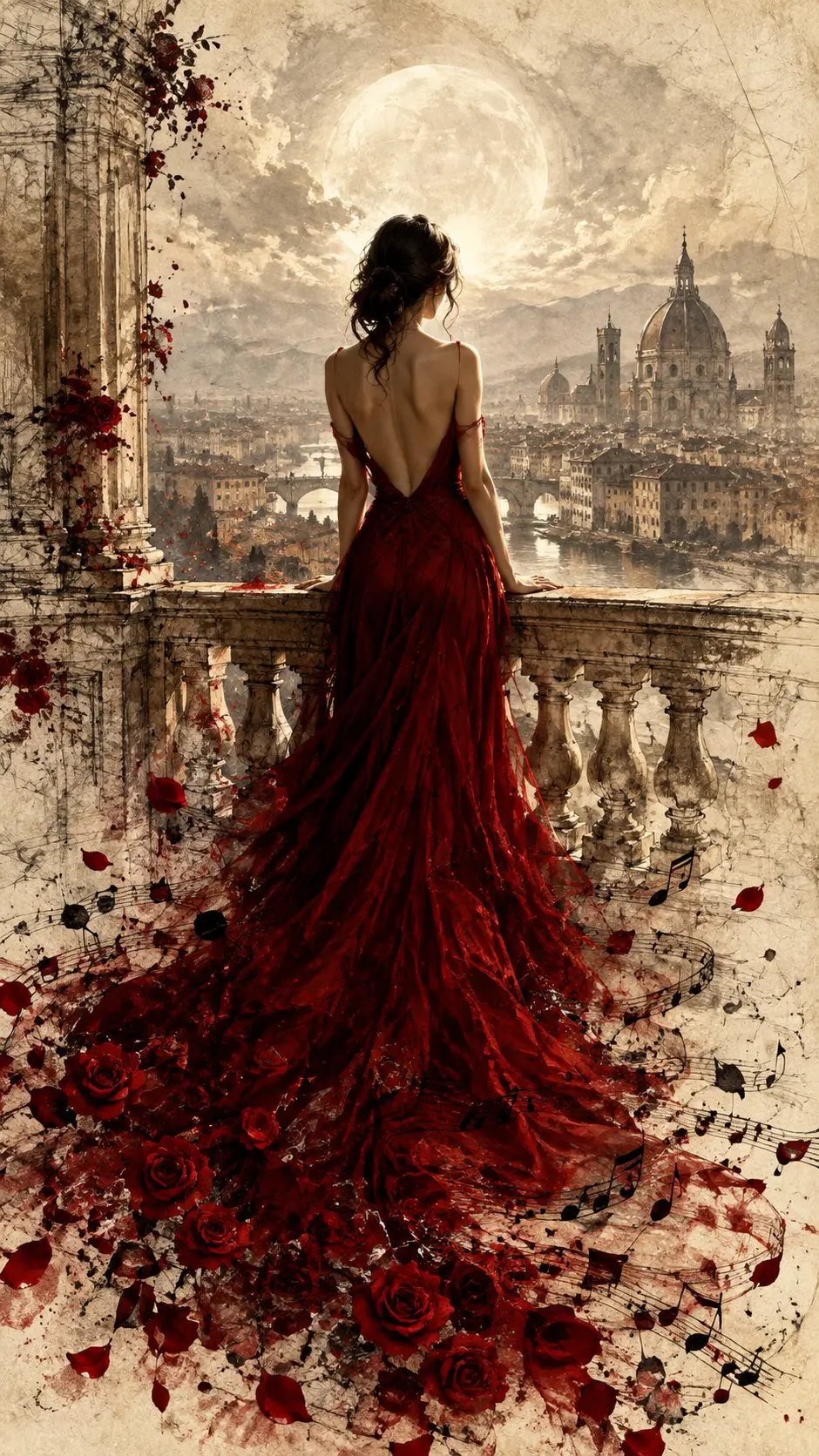 Woman in crimson gown on balcony above hazy city