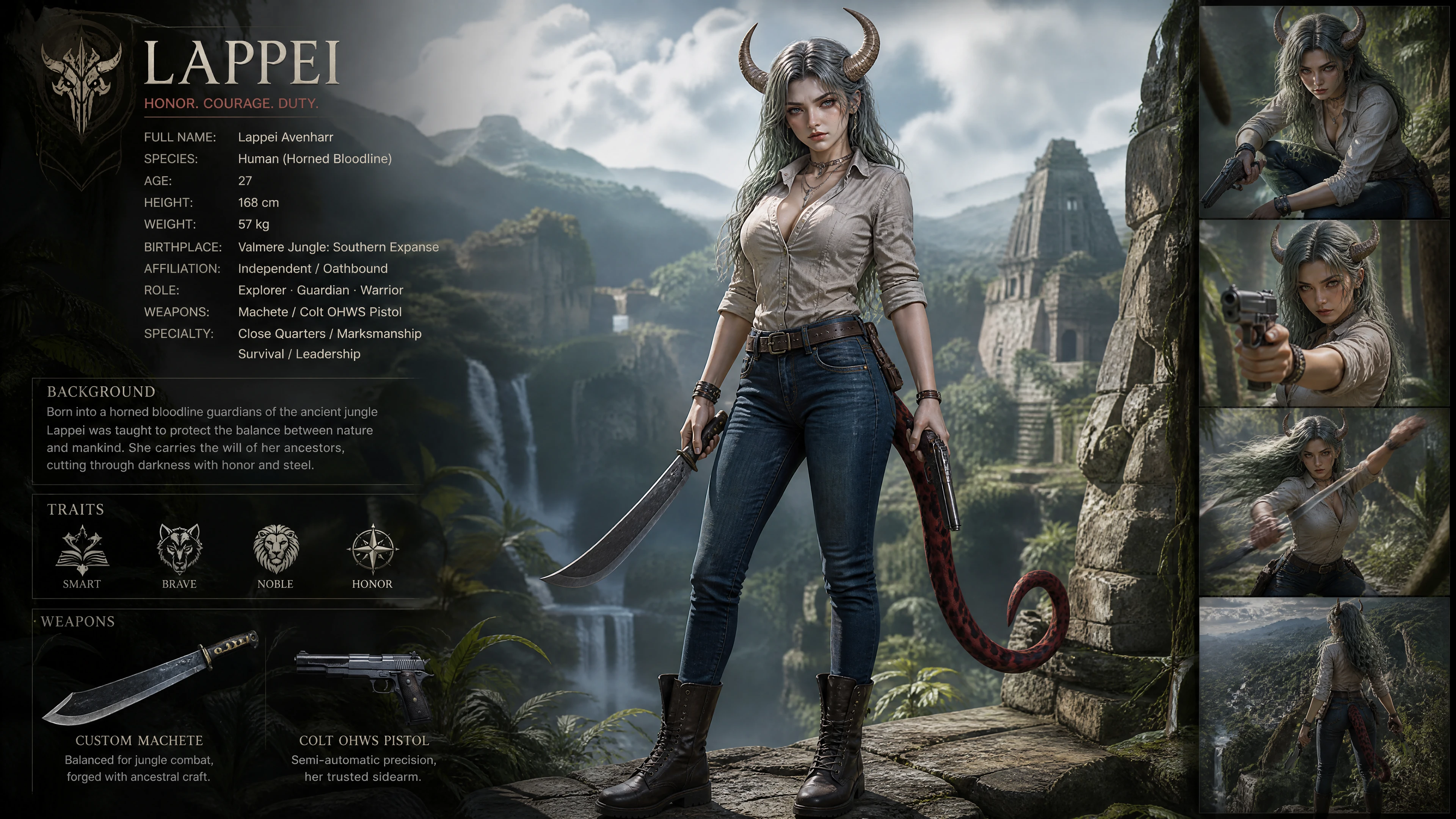 Horned fantasy warrior woman with red jaguar tail