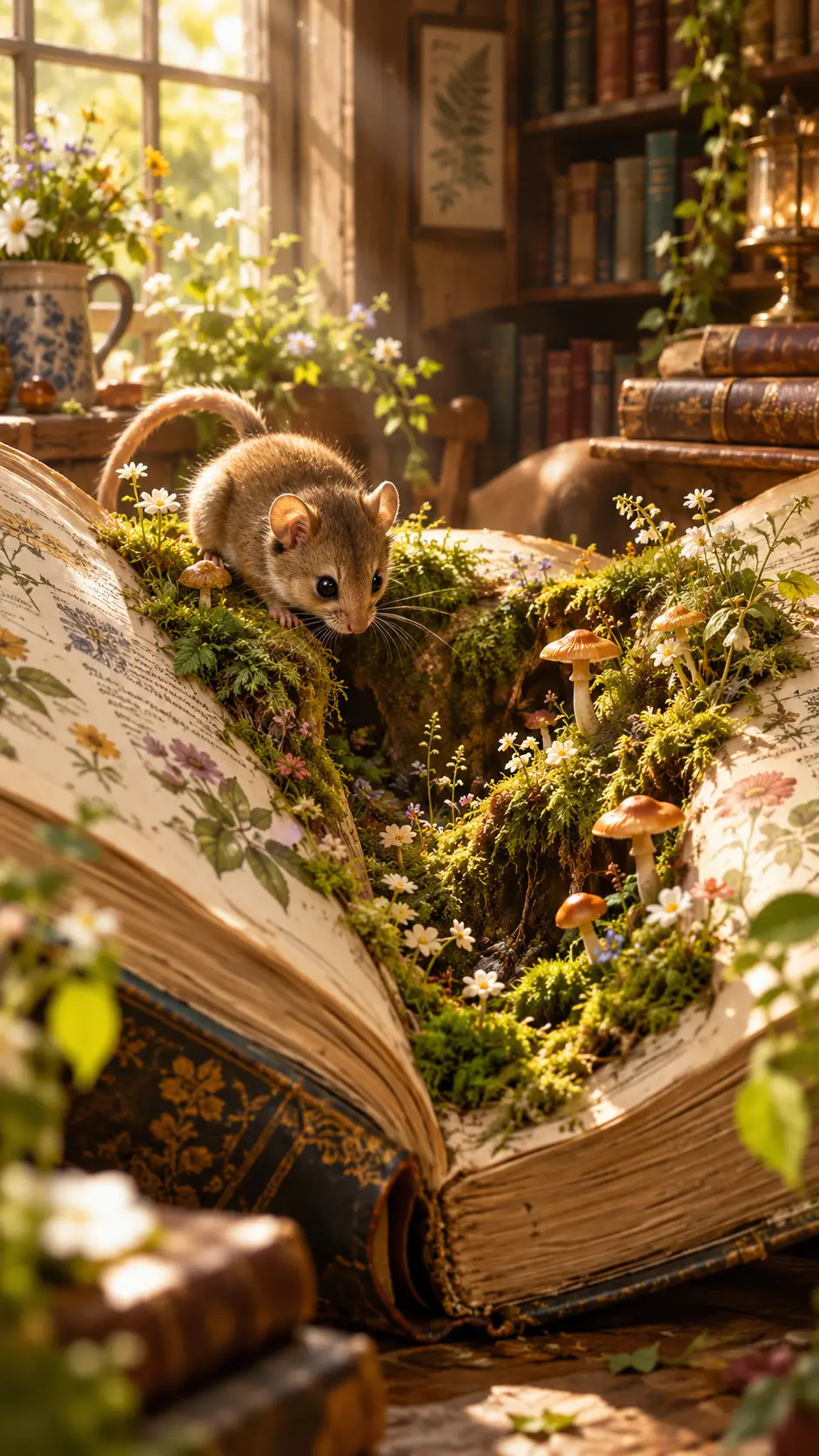 Curious dormouse inside a living botanical encyclopedia