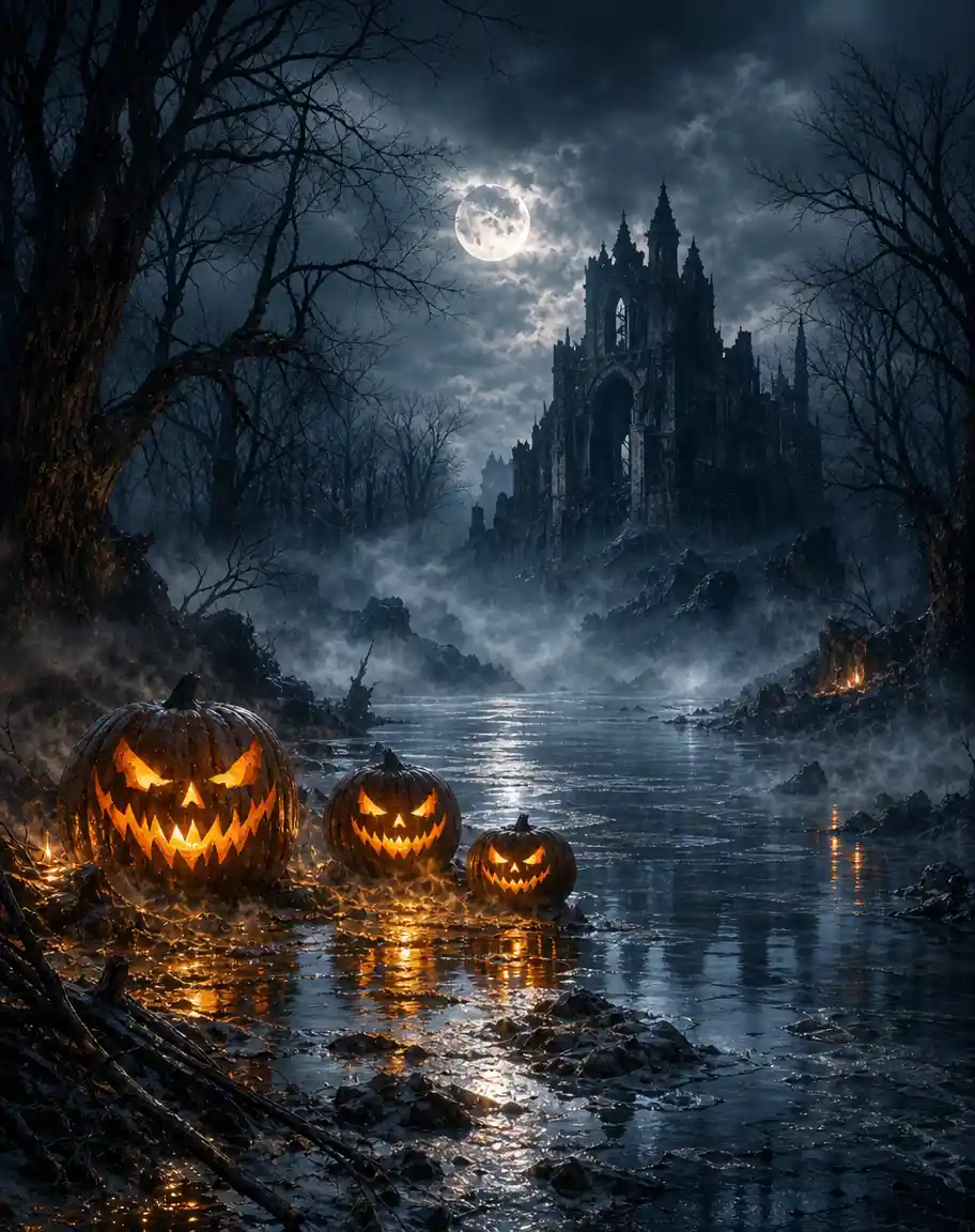 Sinister Halloween monster in a dark misty landscape