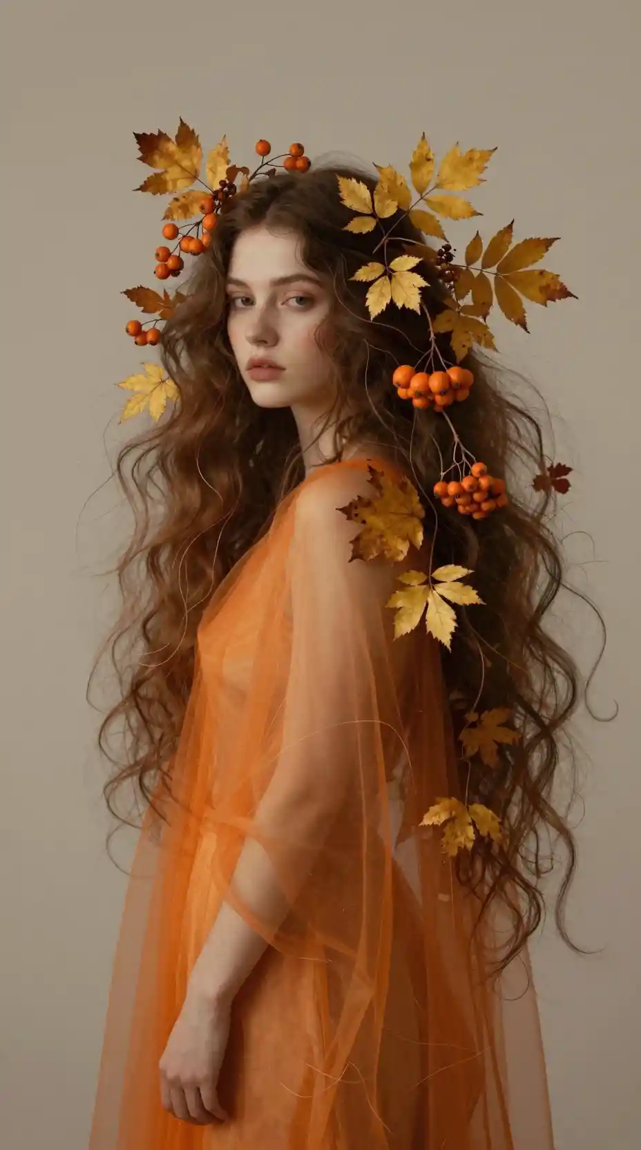 Donna eterea d'autunno con foglie dorate e bacche