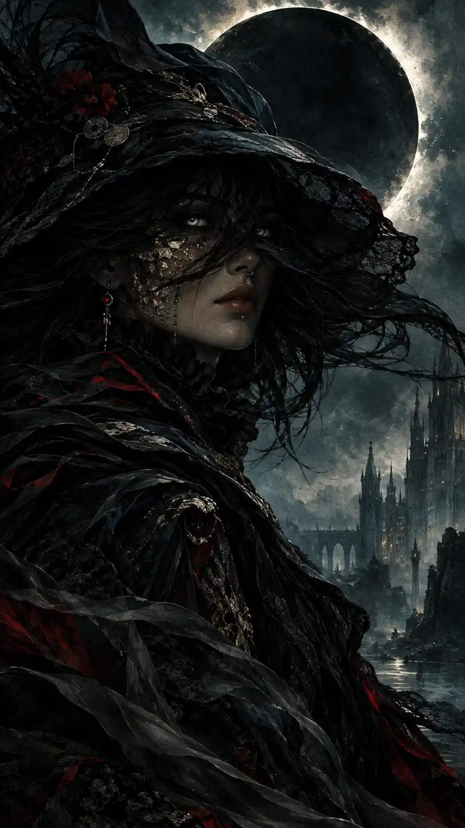 Mysterious woman beneath an eclipsed moon in gothic fog