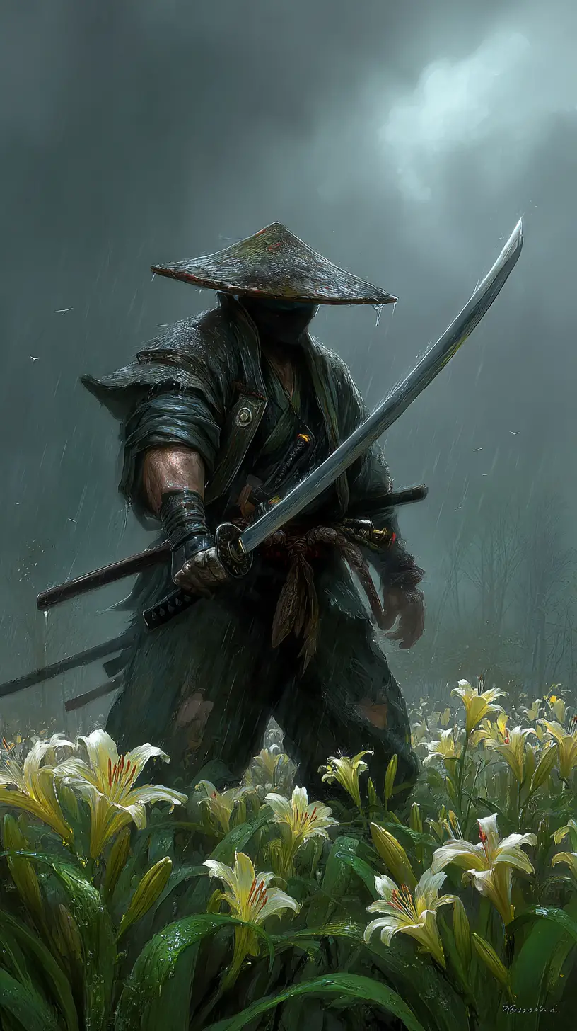 Straw hat ronin with odachi in a rainy lily field