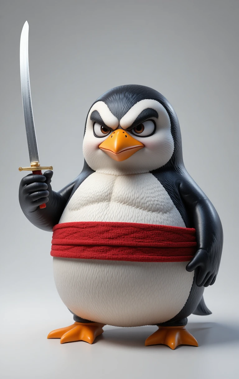 Angry cartoon penguin warrior with katana on white background