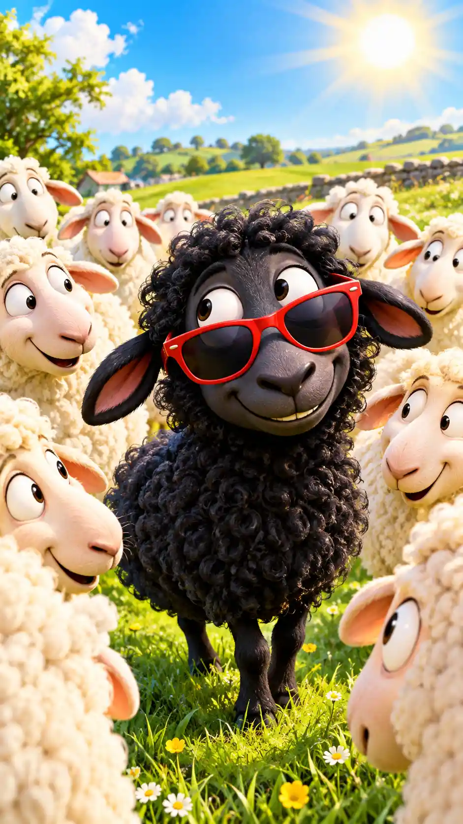 Playful black sheep standing out in sunny colorful field