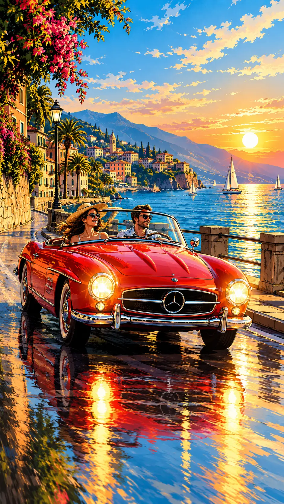 Red vintage car driving along a sunny waterfront