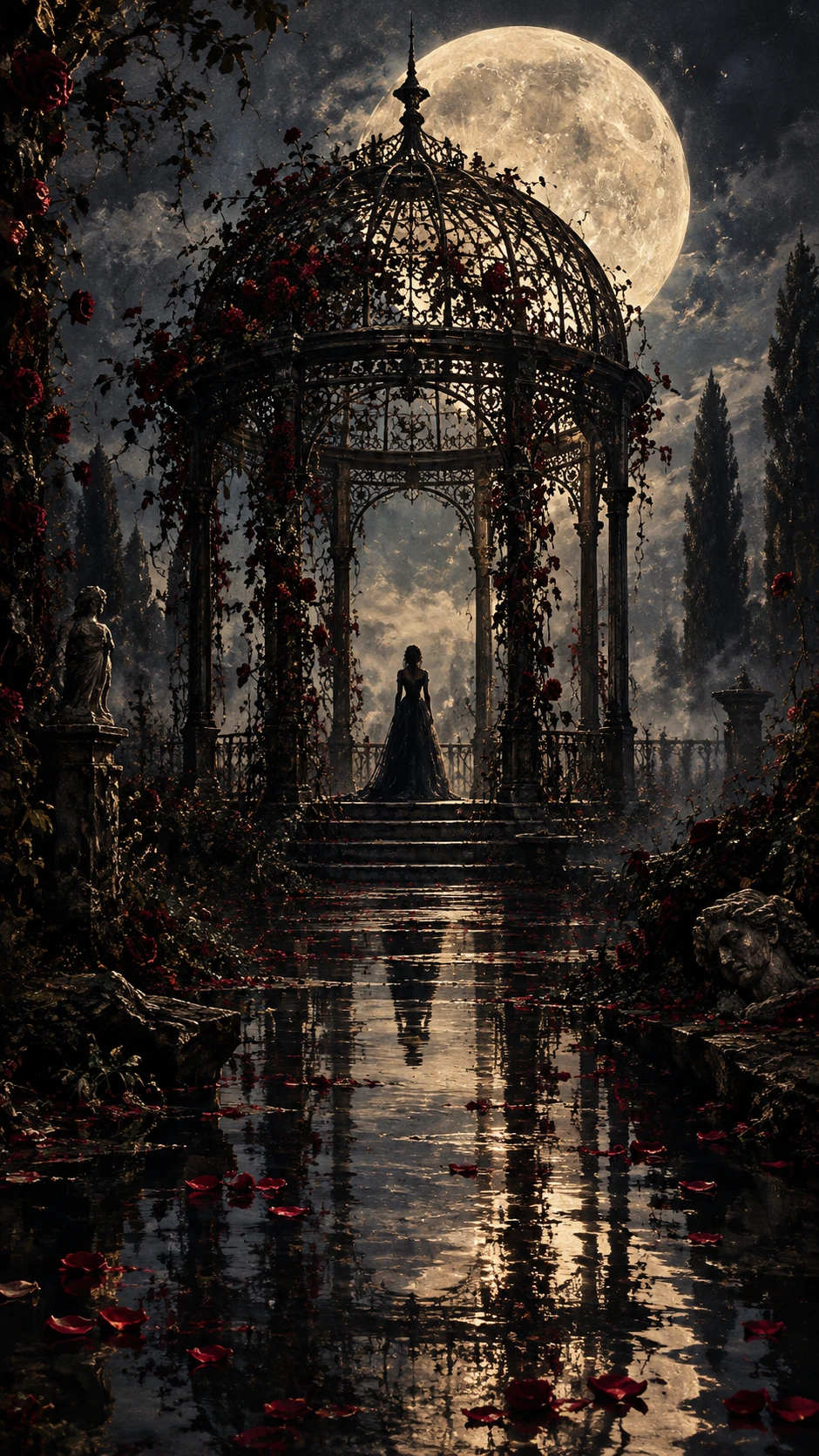 Gothic garden pavilion beneath a vast moonlit sky