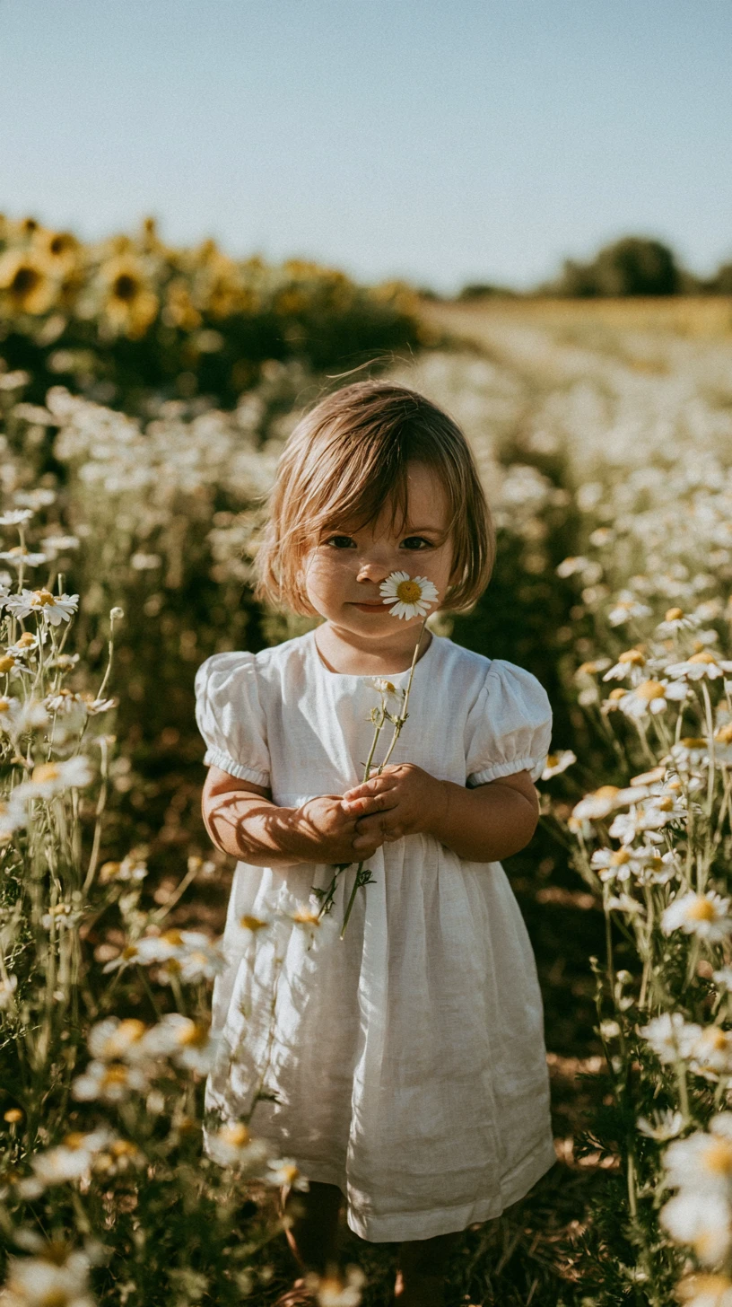 Toddler girl in white dress in a sunny flower field