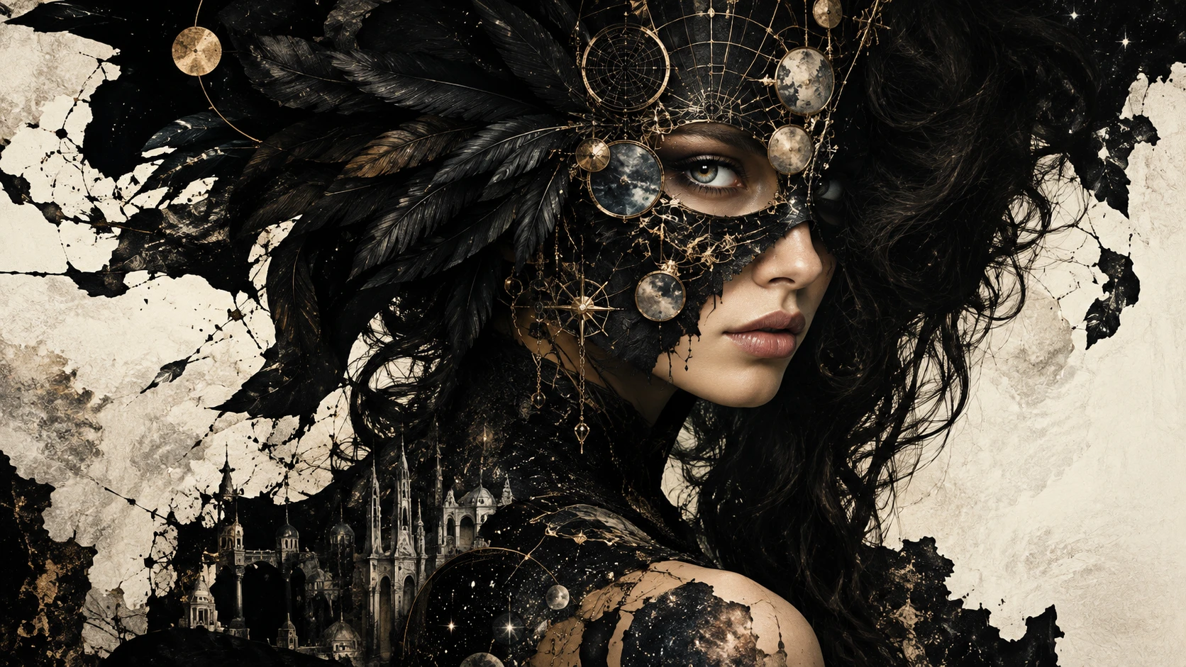 Mysterious Woman In Feathered Mask And Cosmic Portrait