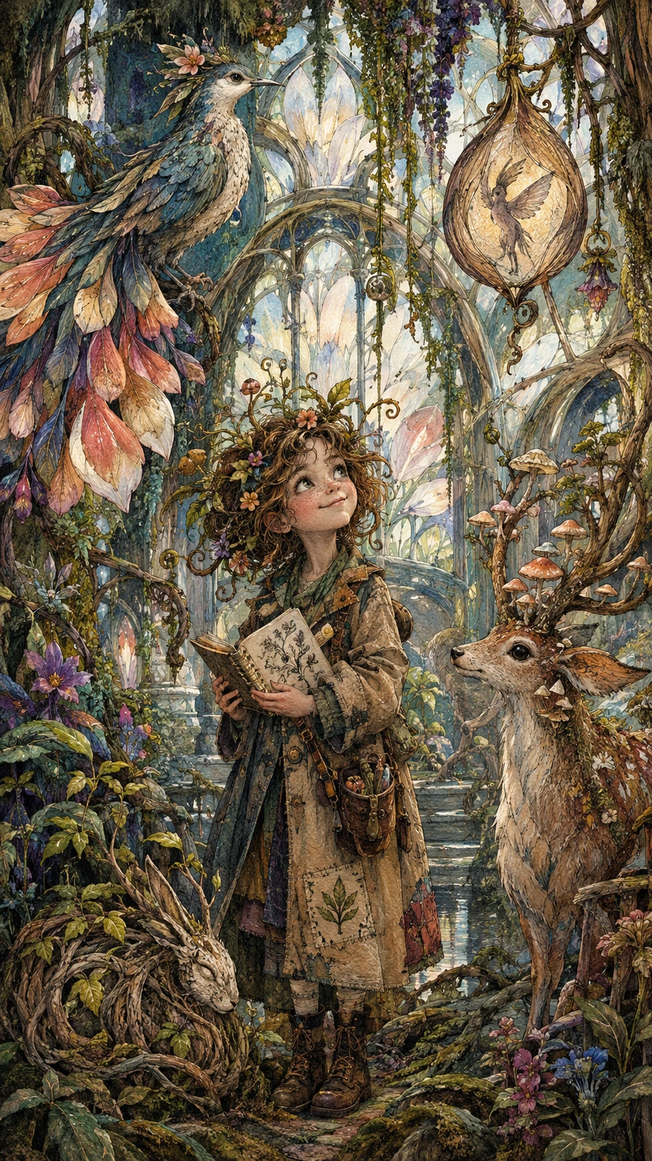 Tiny woodland child in a surreal botanical conservatory