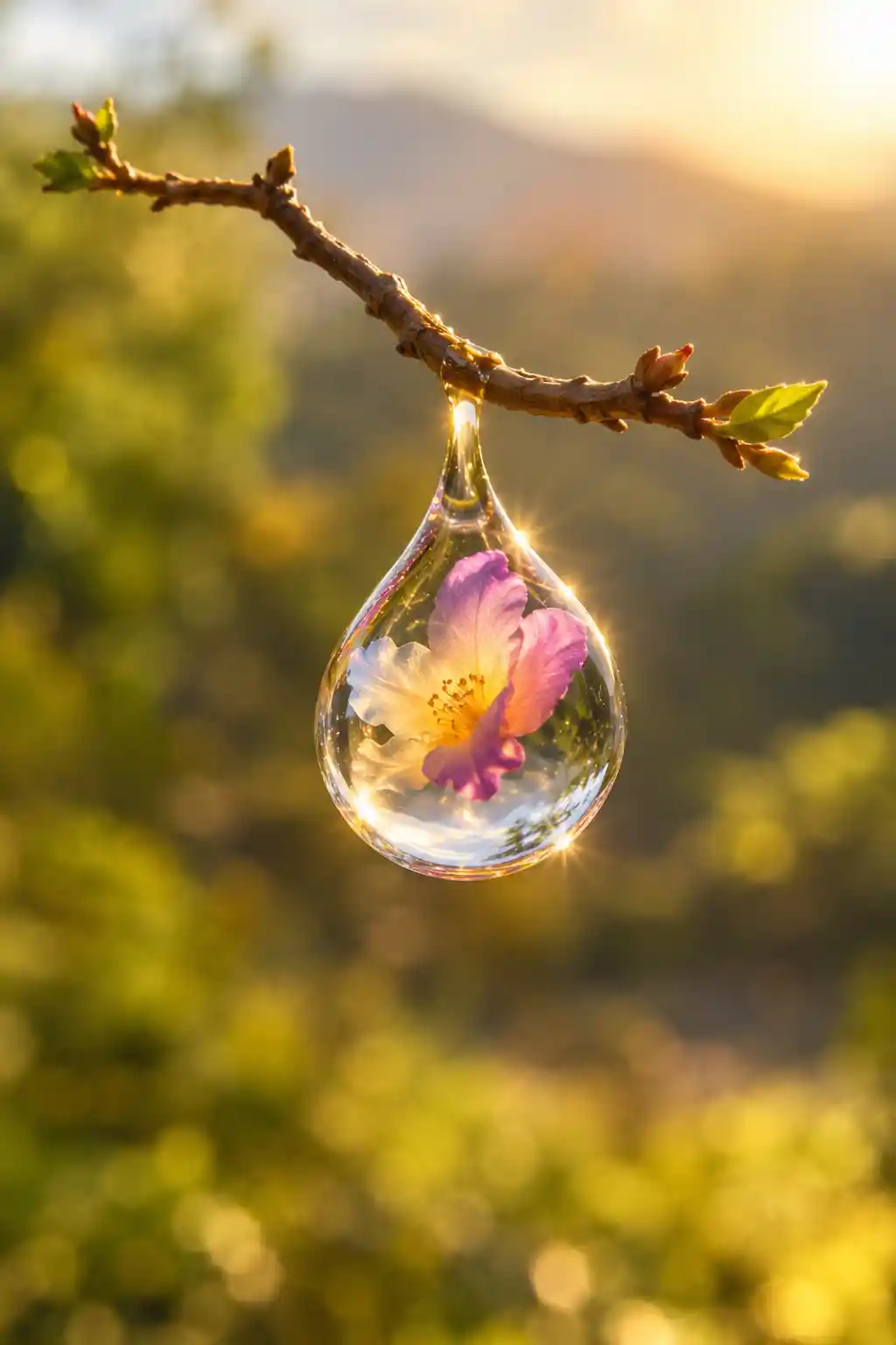 Floating branch with dewdrop flower in warm sunlight