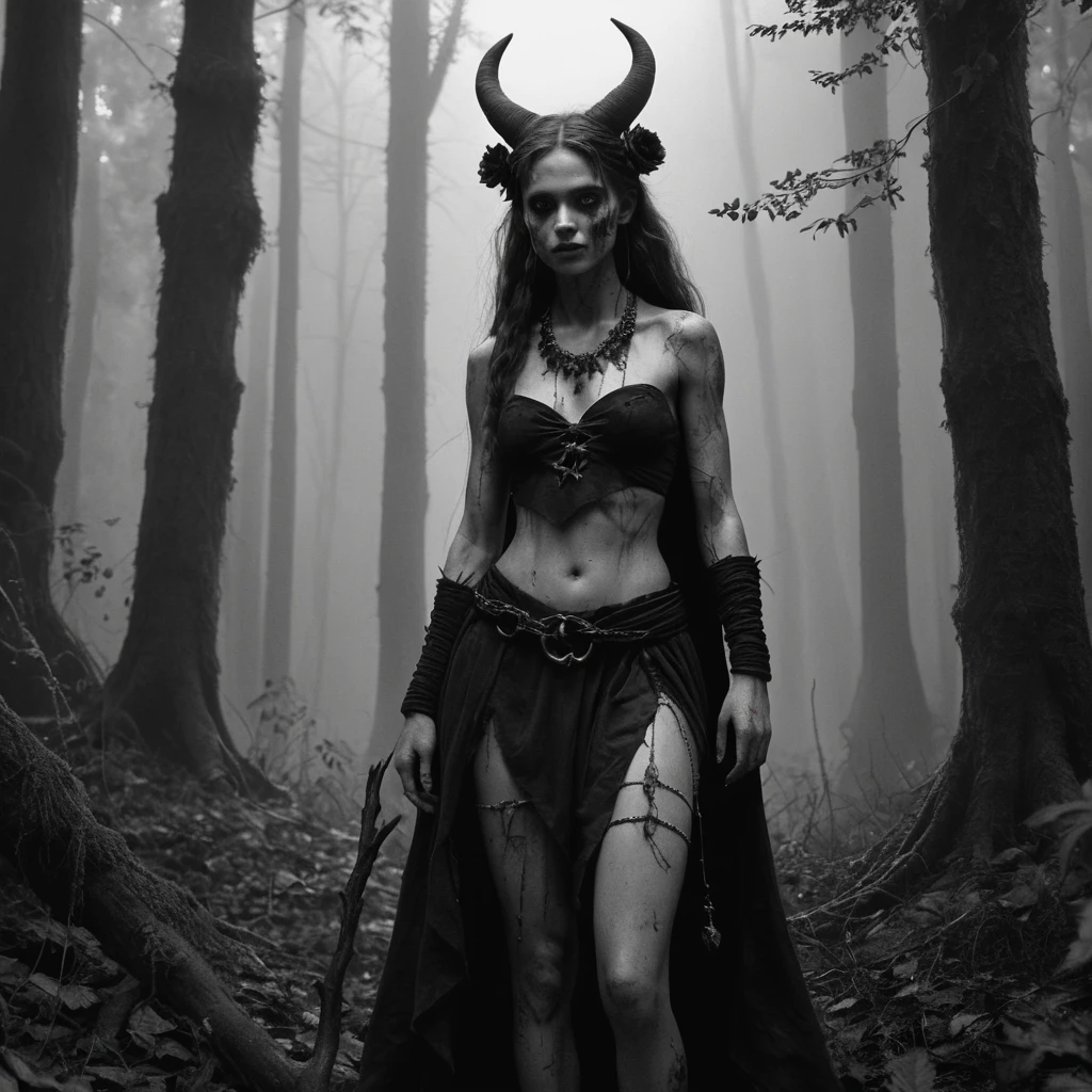 Young forest witch with devil under eerie moonlight