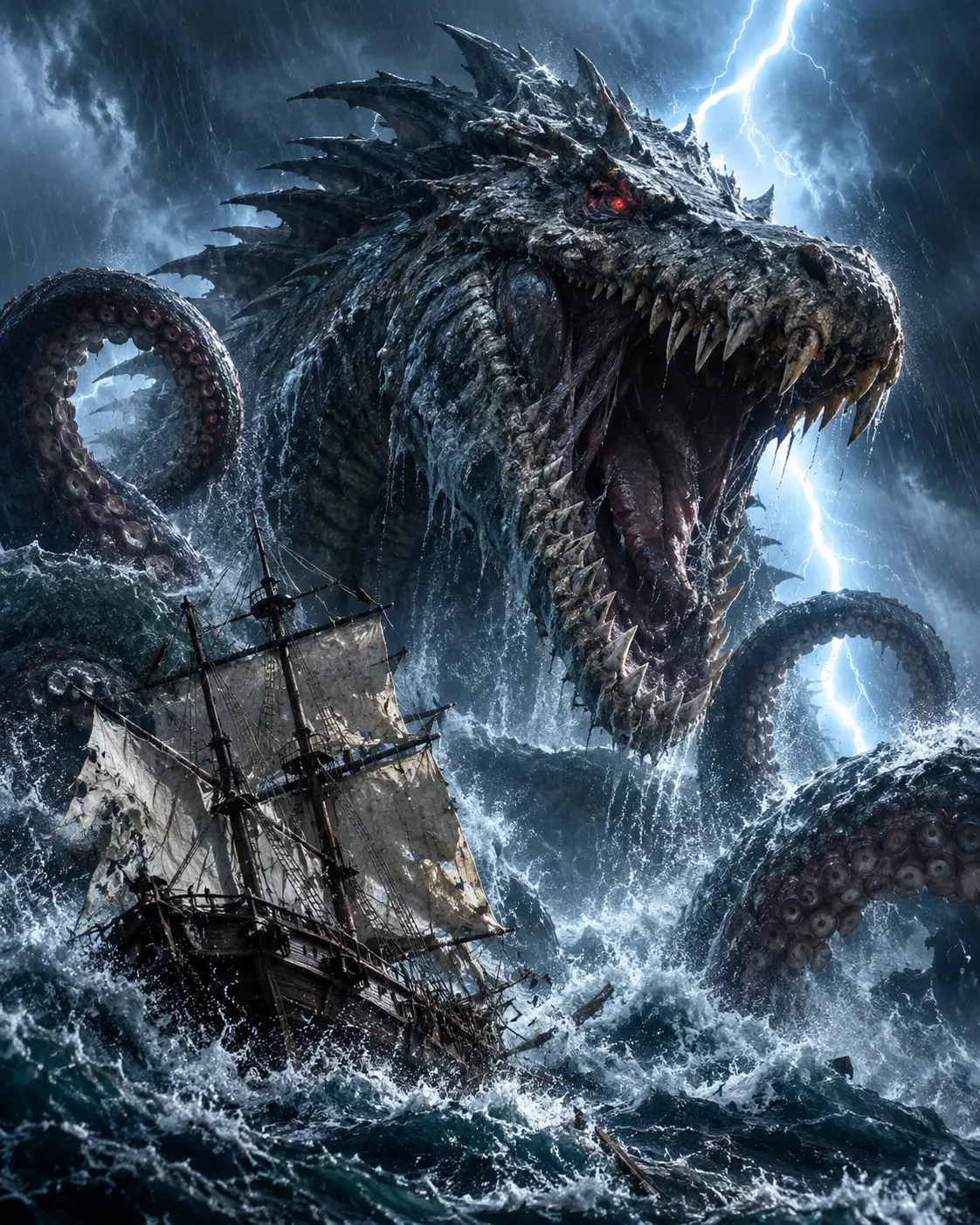 Ancient sea leviathan towering over a storm wrecked ship