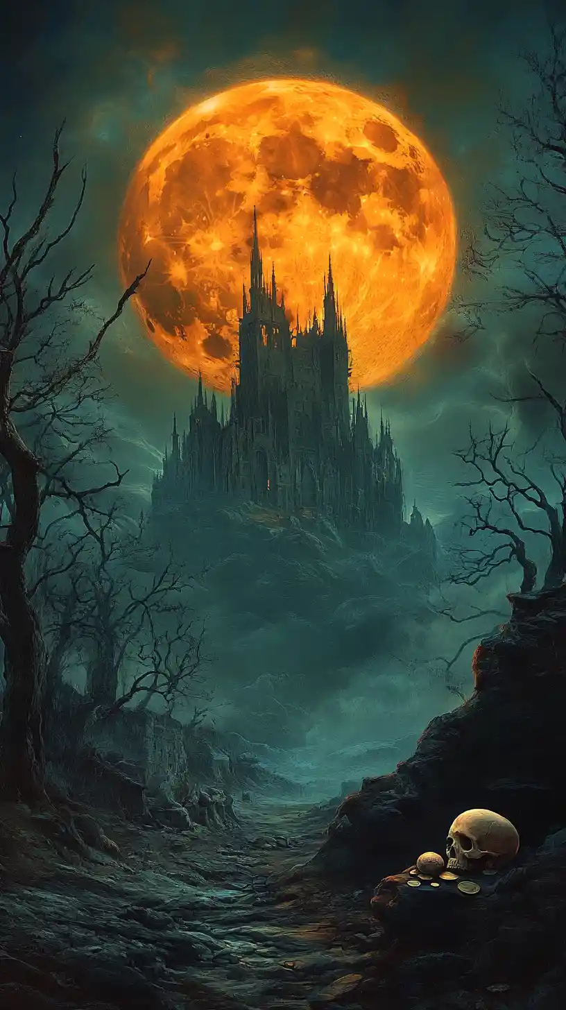 Gothic castle under a vast eerie full moon