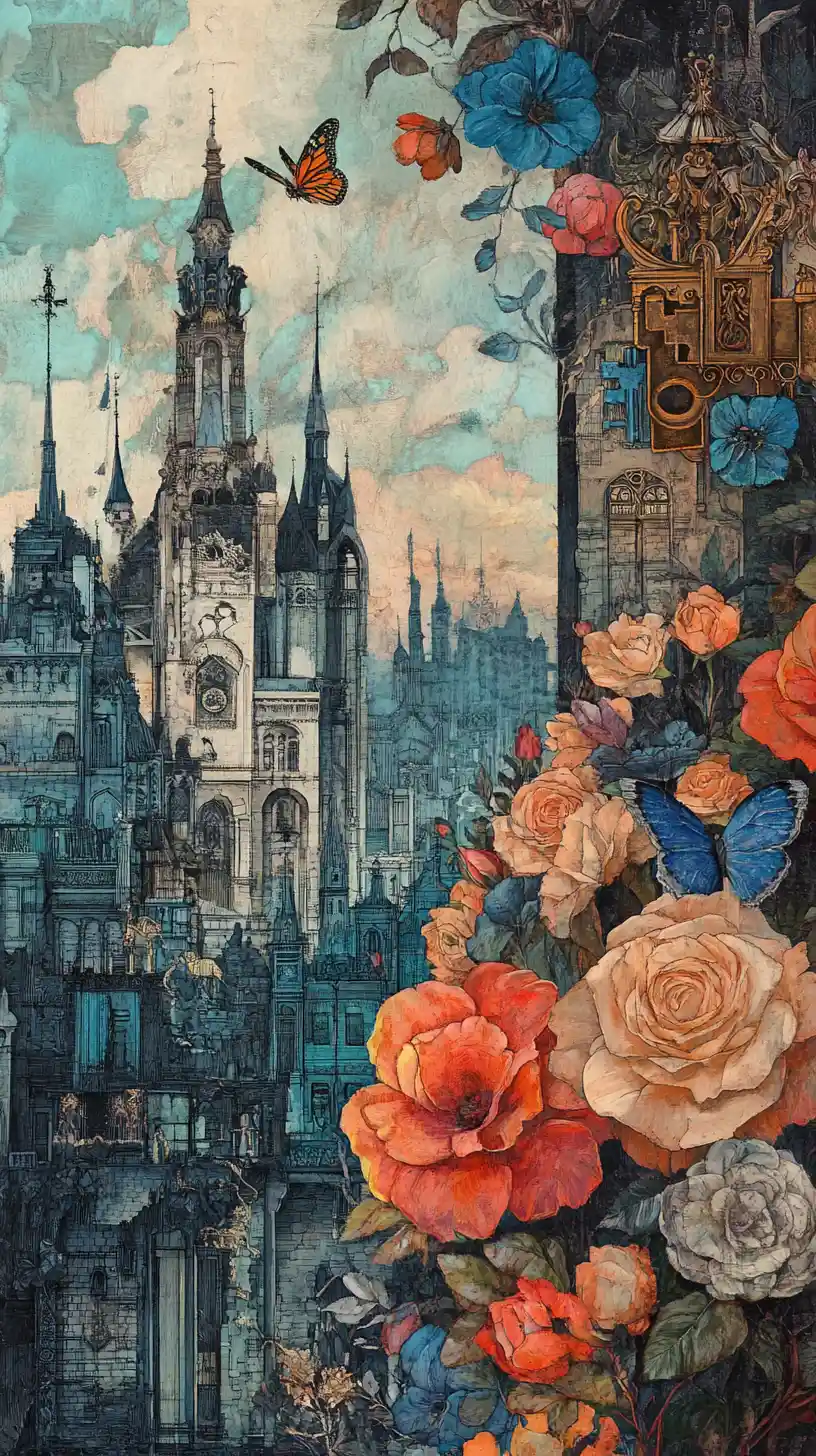 Fantasy castle beside cascading roses in dark romantic style