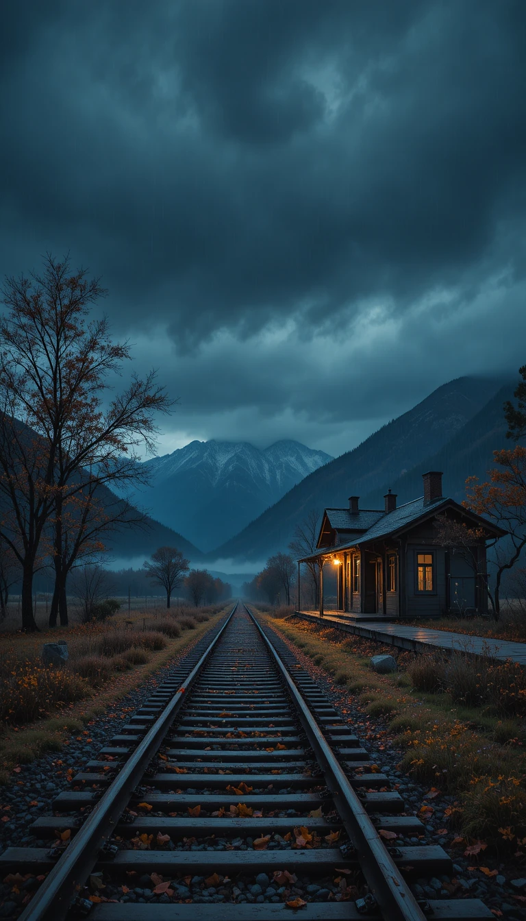 Lonely railway station at night after an autumn rain