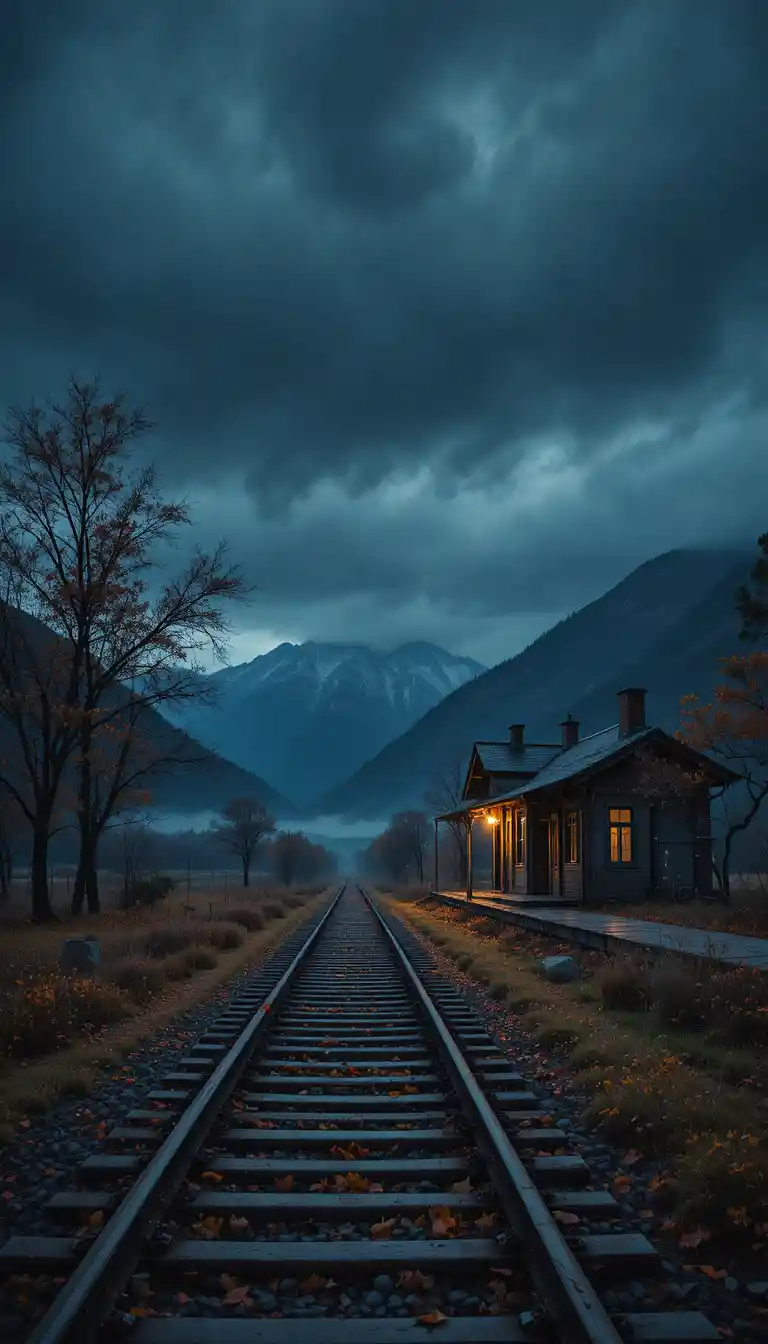 Lonely railway station at night after an autumn rain