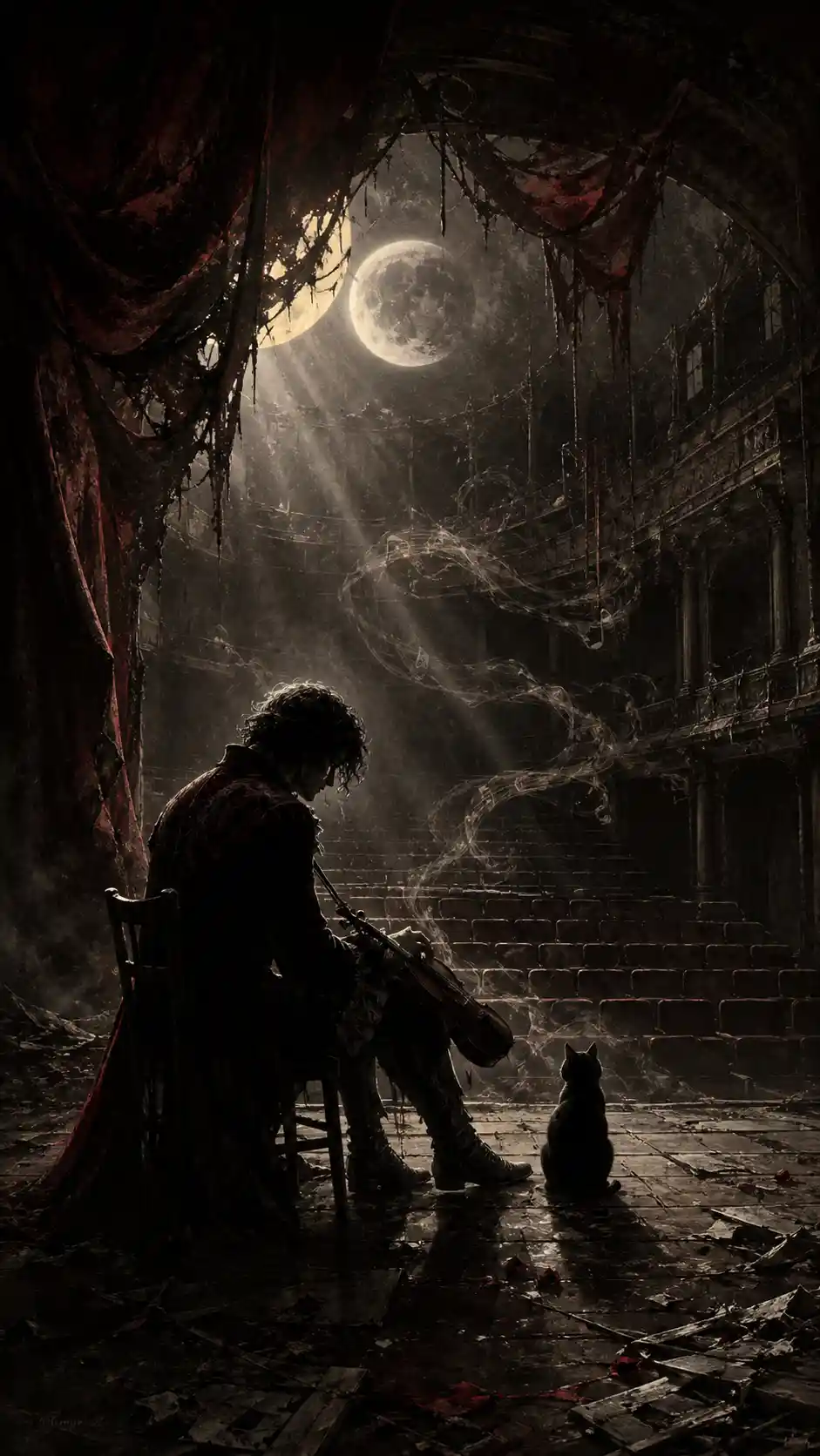 Lone musician in ruined theater under haunting moonlight