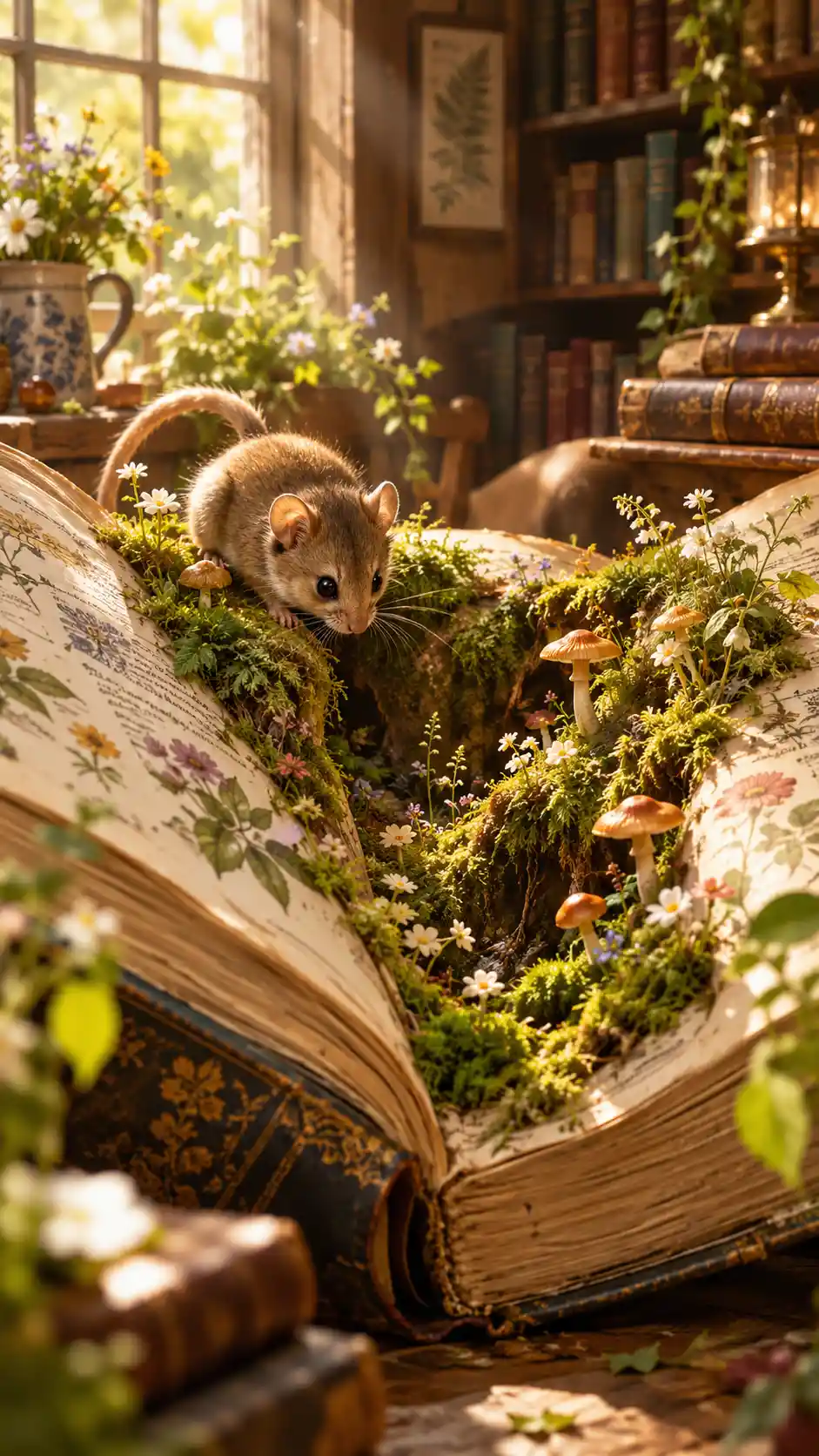 Curious dormouse inside a living botanical encyclopedia