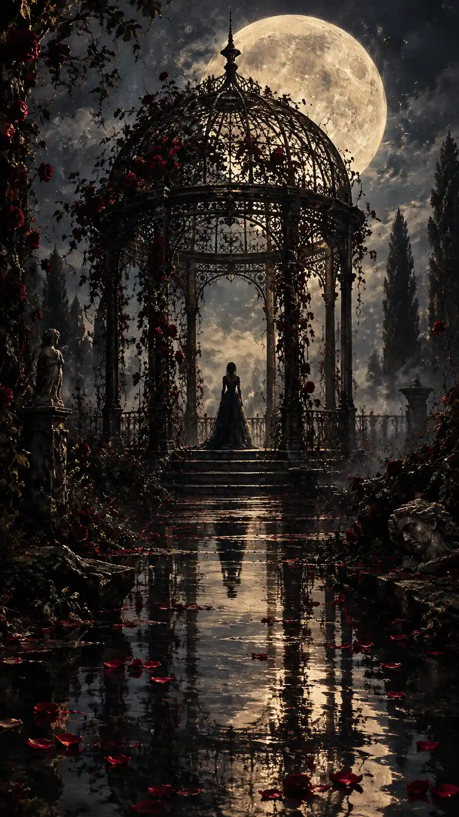 Gothic garden pavilion beneath a vast moonlit sky