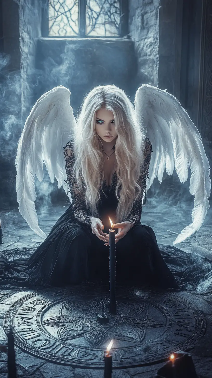 Serene blonde angel in a dark ritual candle circle