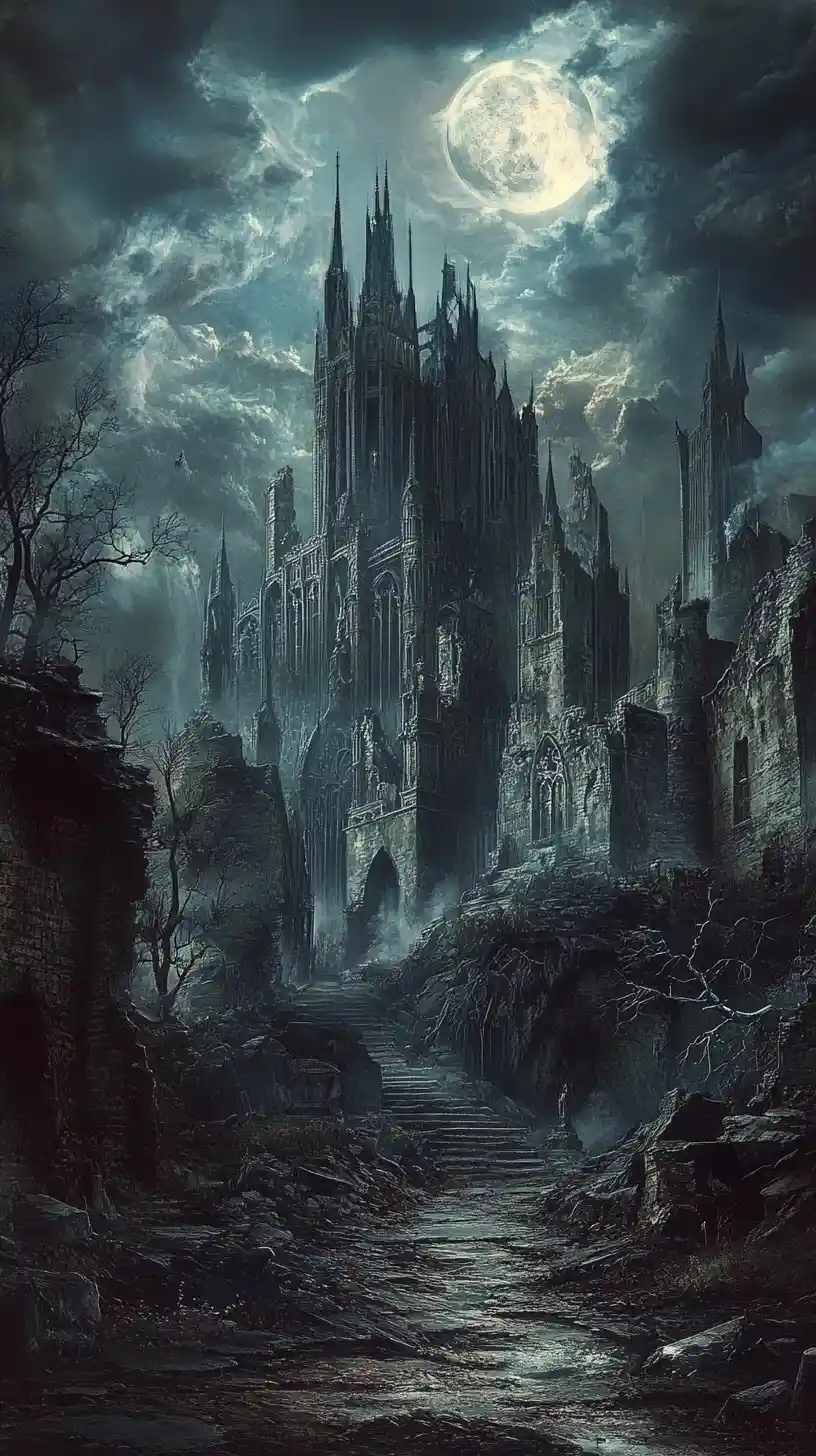 Dark gothic Manhattan cityscape before ancient urban ruins