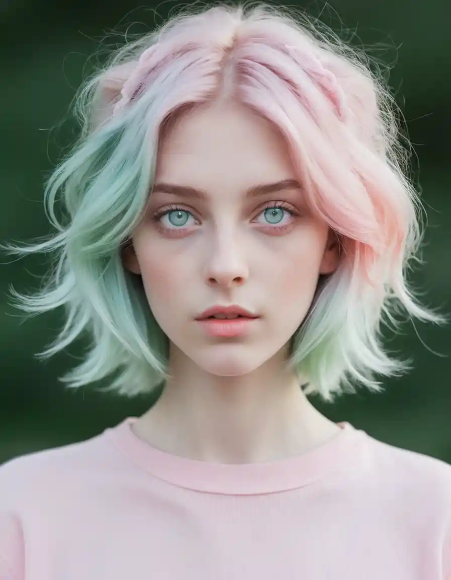 Pastel haired girl with pale skin and green eyes