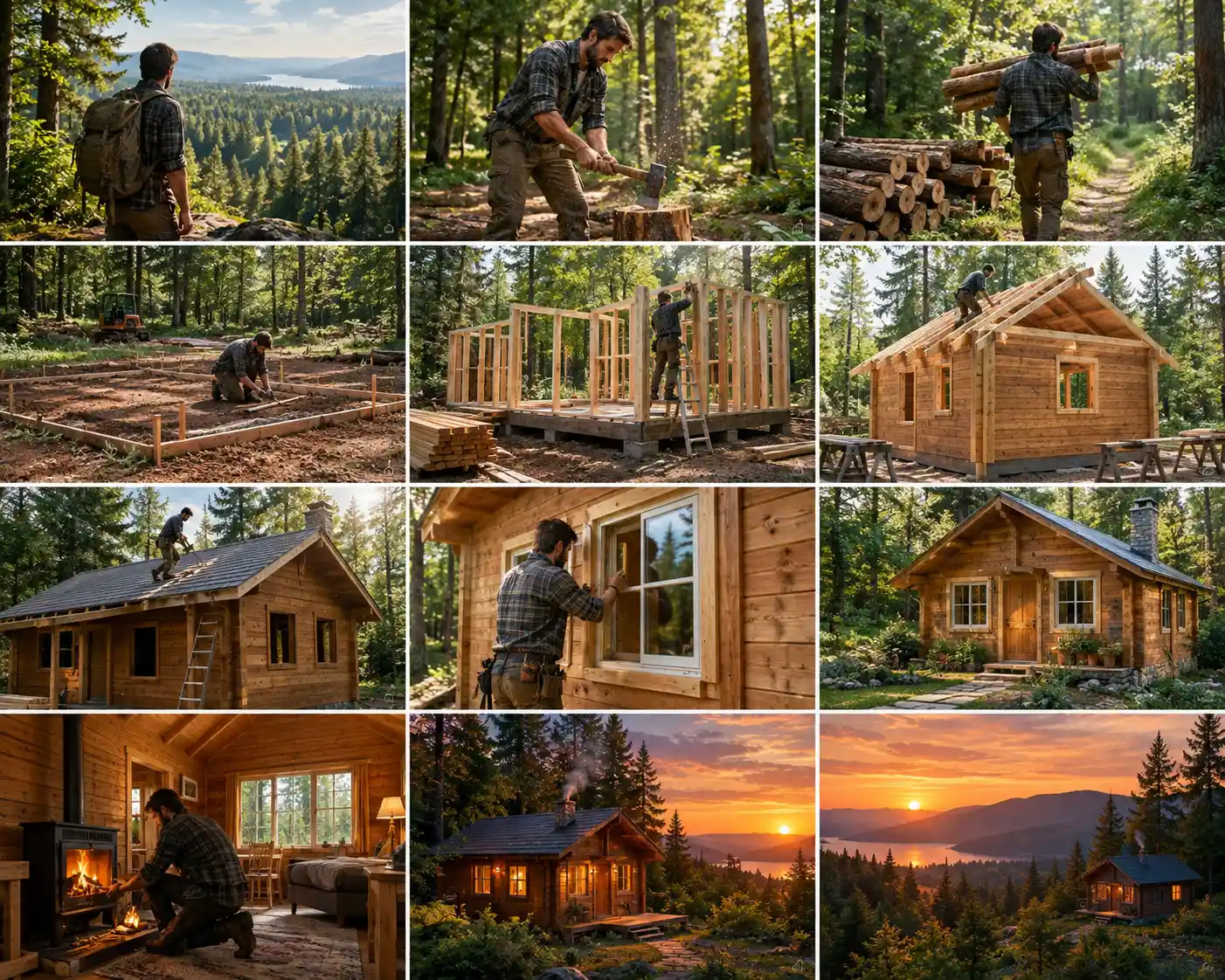 Man Building A Wooden House In A Peaceful Forest