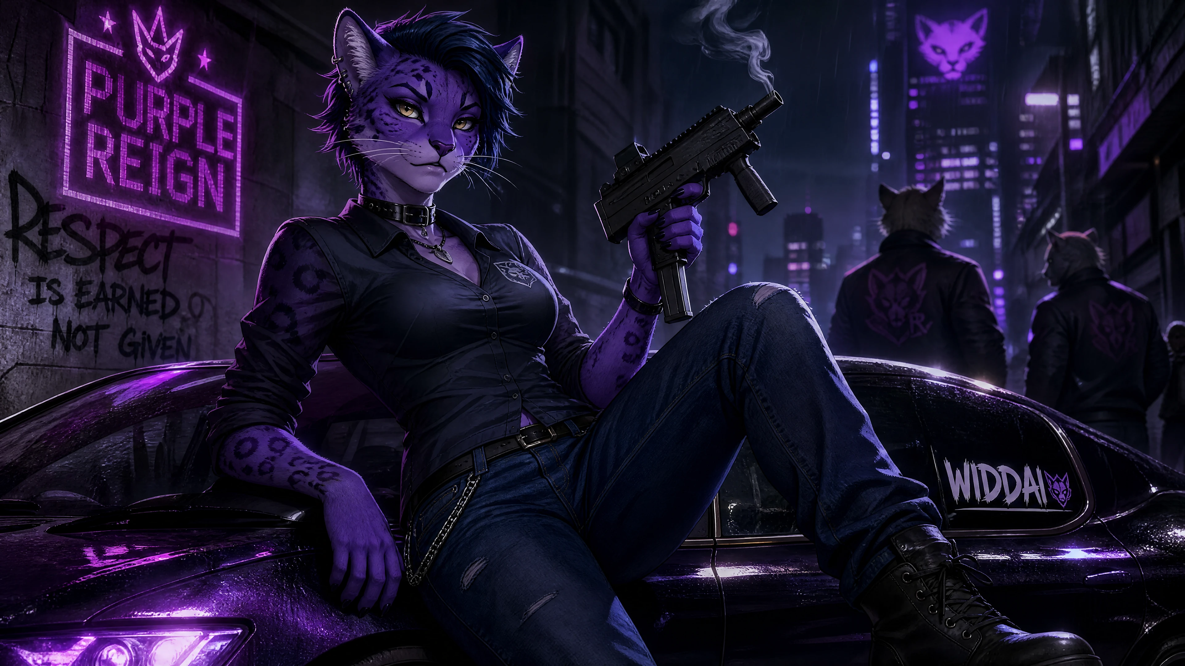 Purple ocelot anthro girl in casual tomboy streetwear