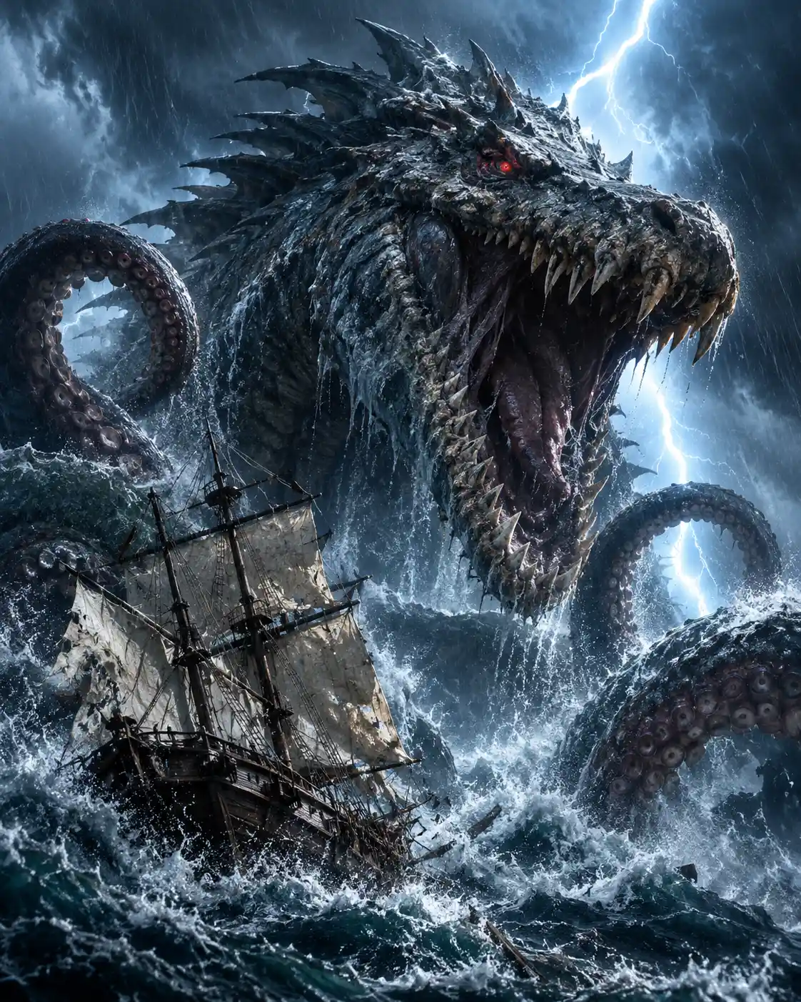 Ancient sea leviathan towering over a storm wrecked ship