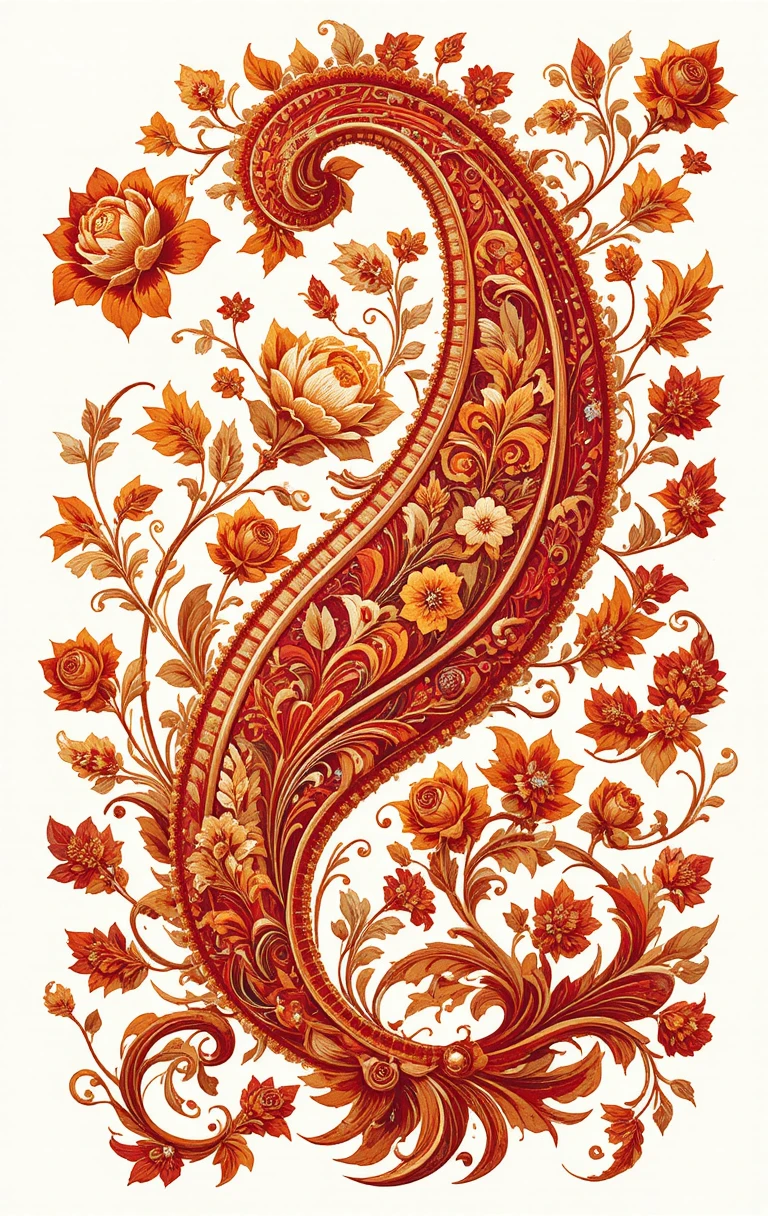 Rich red and gold paisley textile pattern on white
