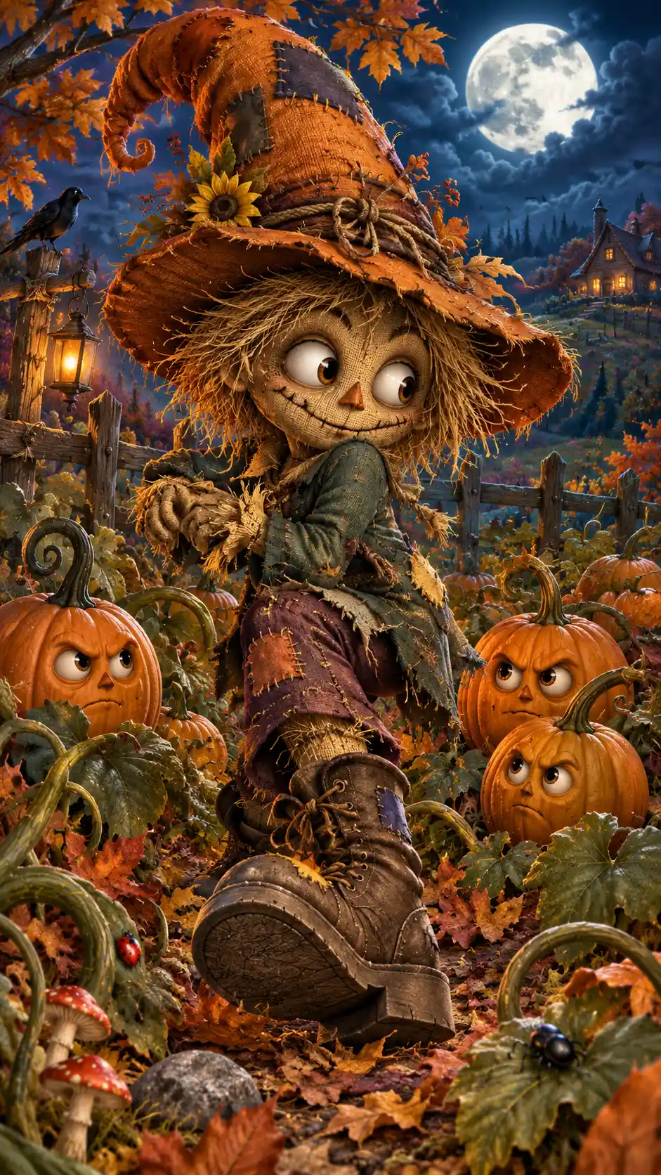 Playful Scarecrow Sneaking Through Moonlit Pumpkin Patch