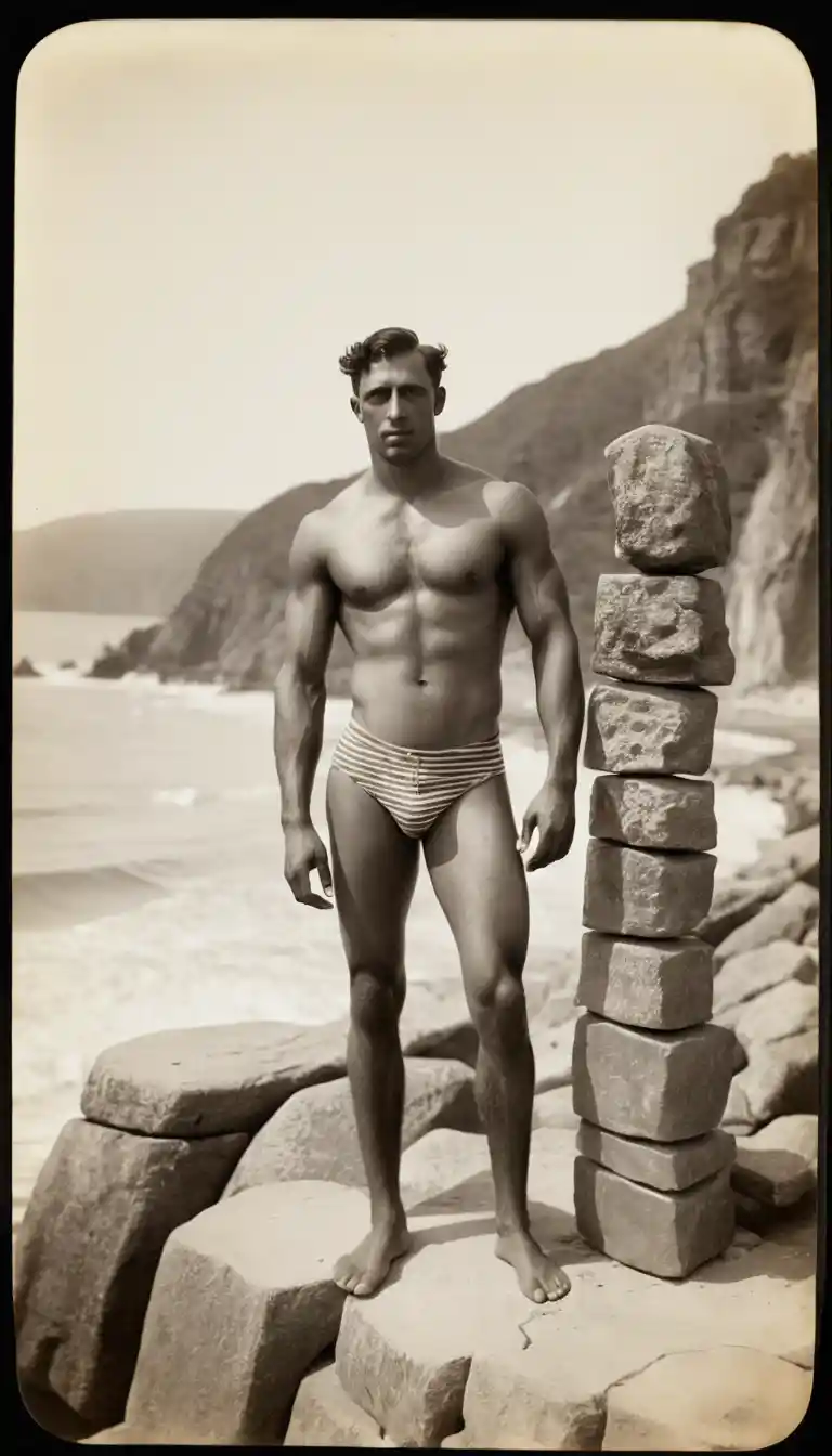Vintage bather in striped swimsuit on seaside promenade
