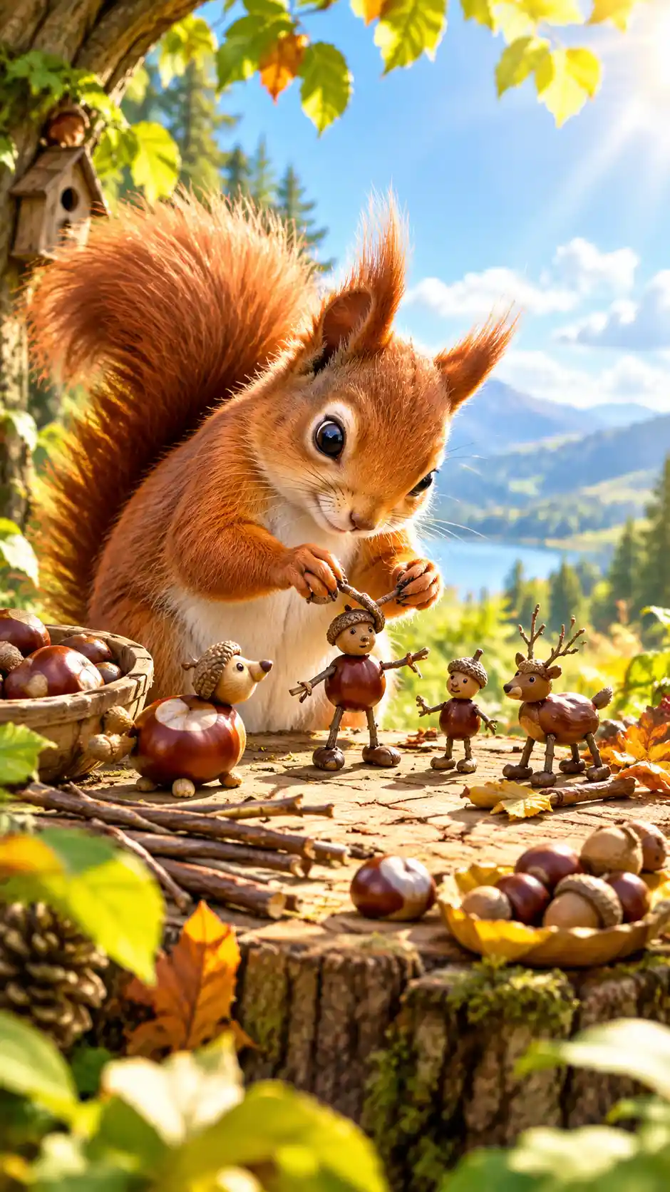 Squirrel crafting tiny figures from chestnuts and acorns