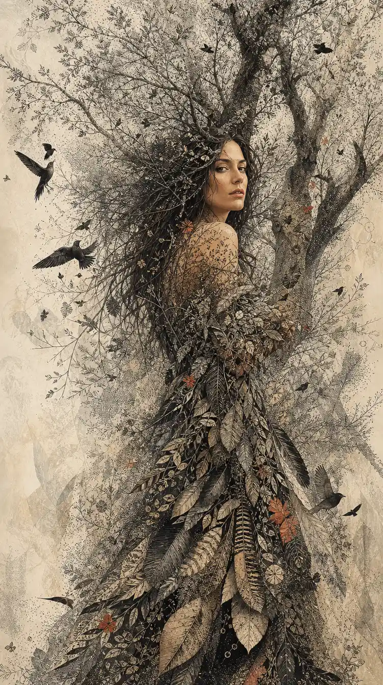 Surreal woman merging with towering trees in stippled forest