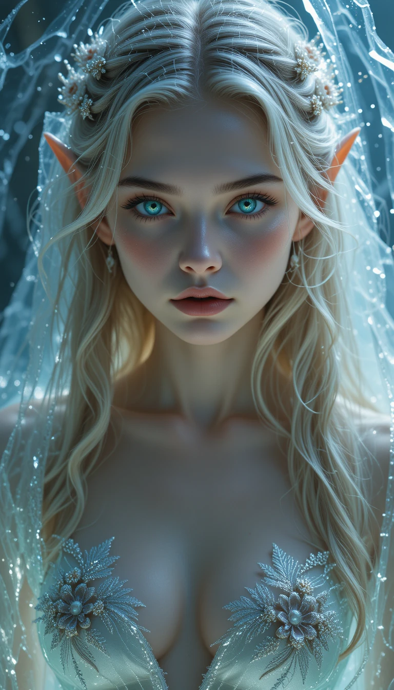 Melancholic ice bound elf girl in cinematic close up