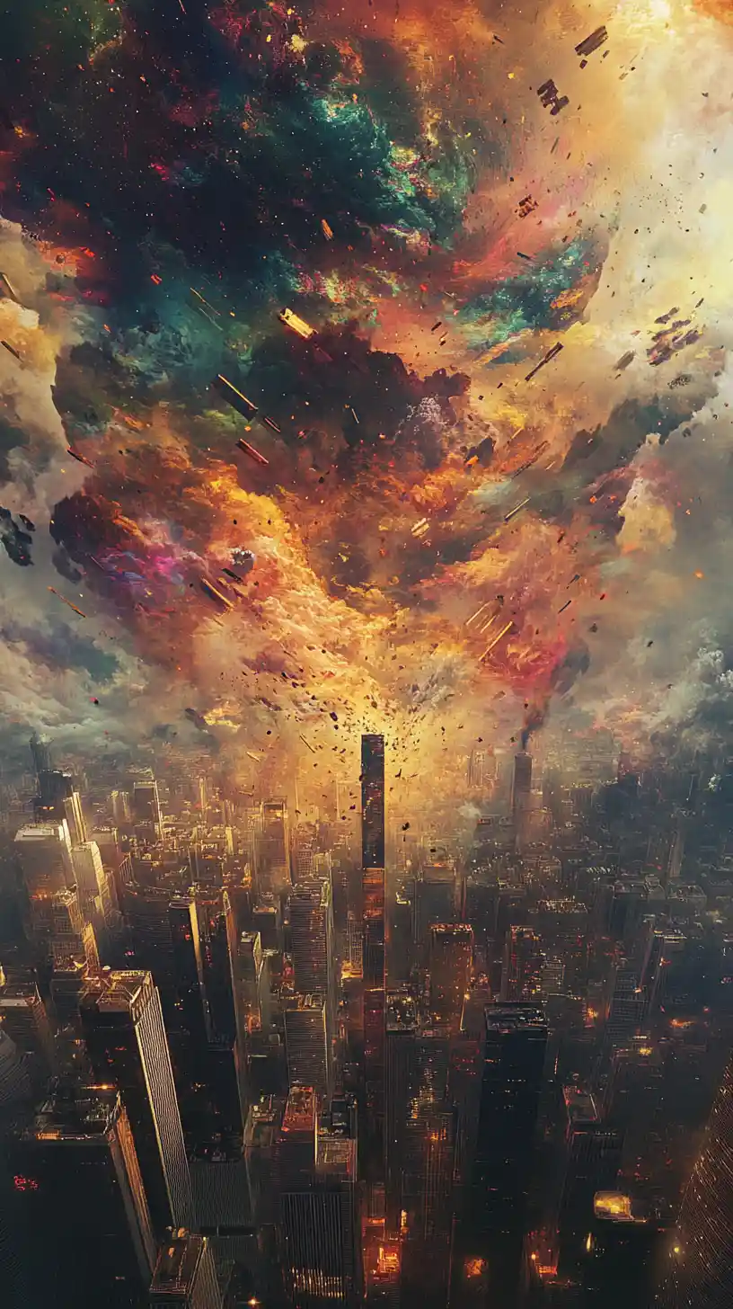 Surreal vortex of swirling colors engulfing a fragile cityscape