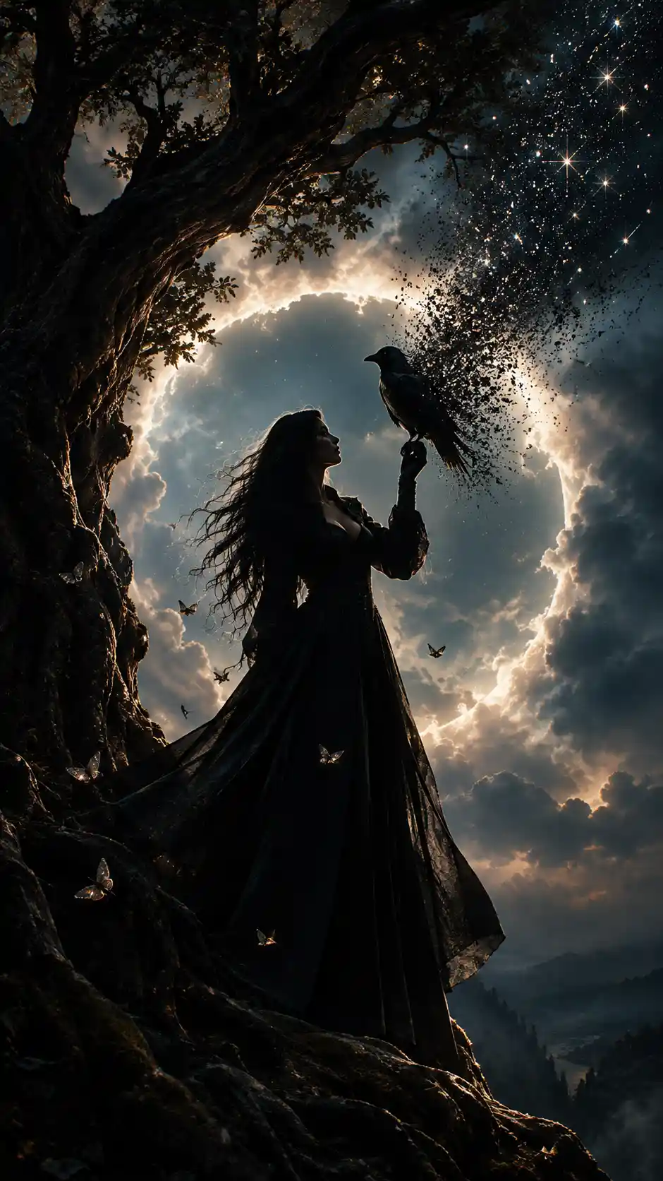 Silhouetted woman with raven beneath radiant ancient tree