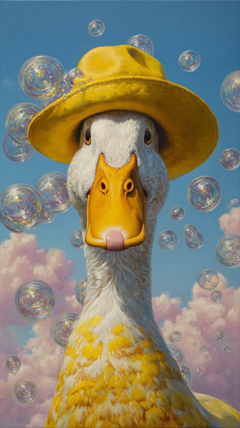 Whimsical duck in a yellow hat under an azure sky