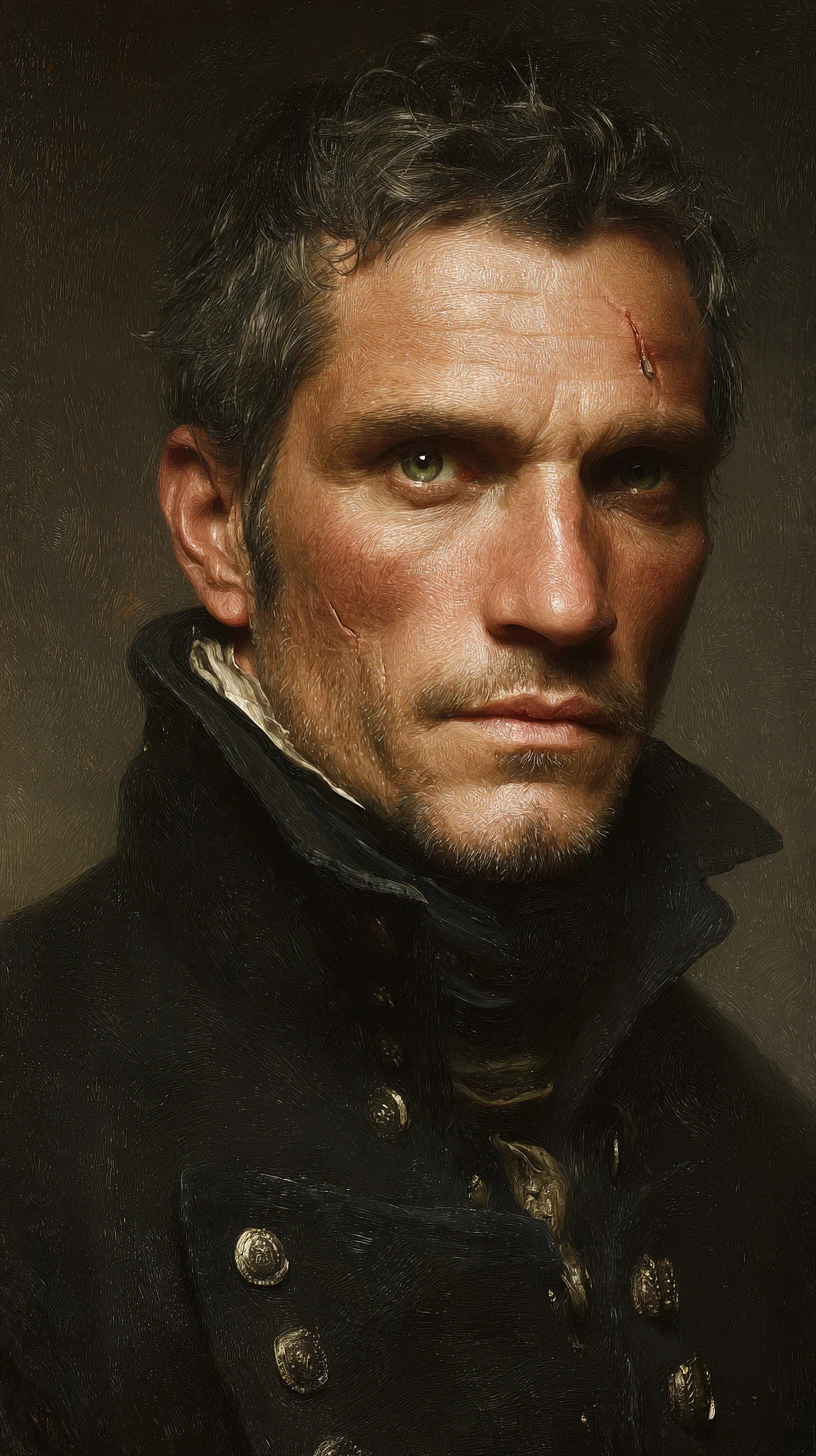 Scarred military officer portrait with intense green eyes