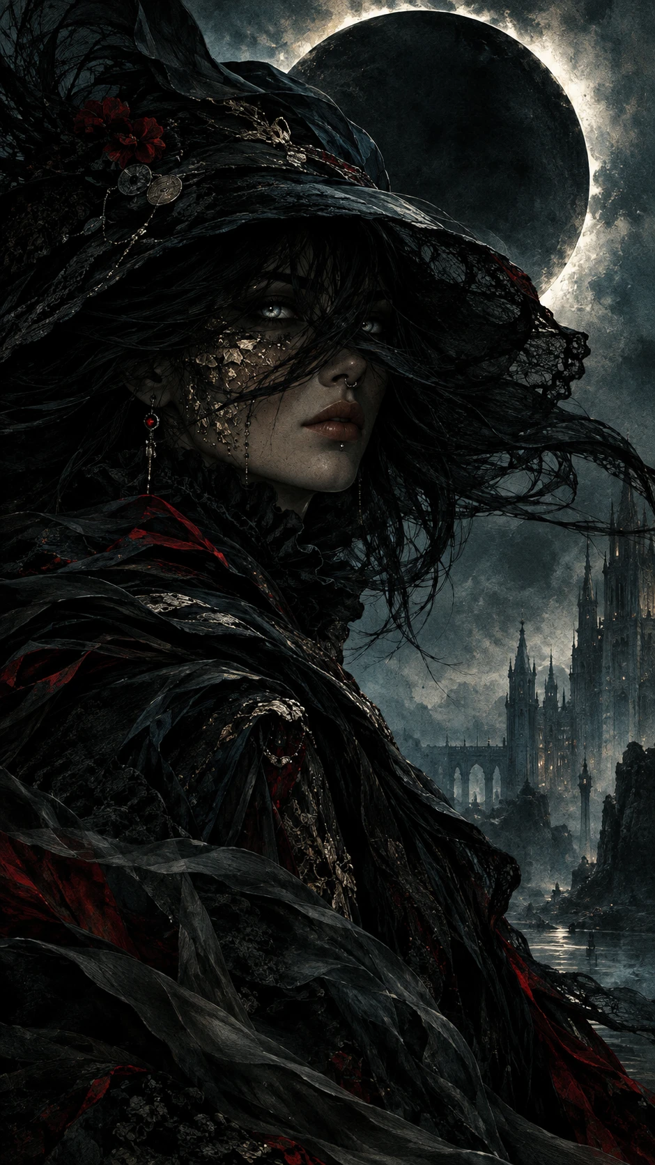 Mysterious woman beneath an eclipsed moon in gothic fog
