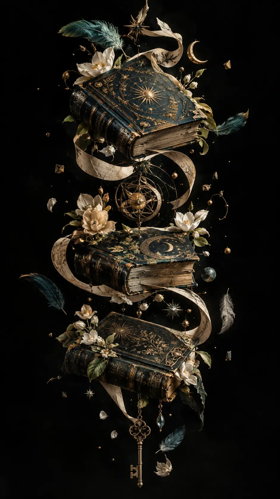 Floating antique books entwined with flowers and symbols