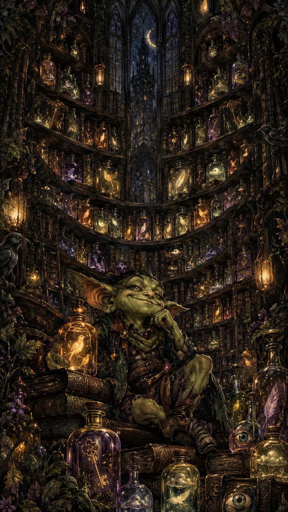 Goblin Surrounded By Bottled Secrets In Antique Library