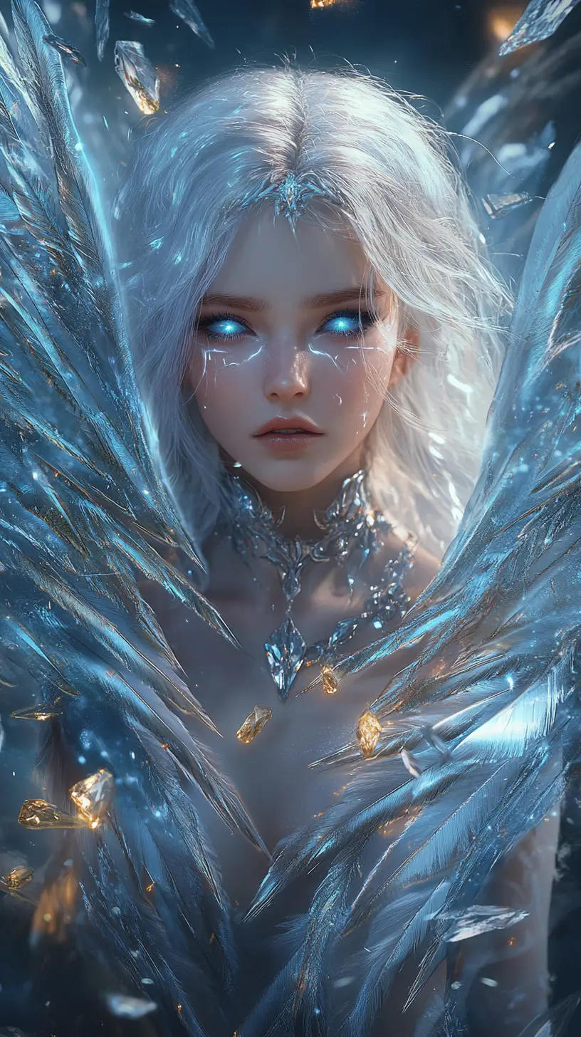 Ethereal crystal angel woman in moonlit temple ruins