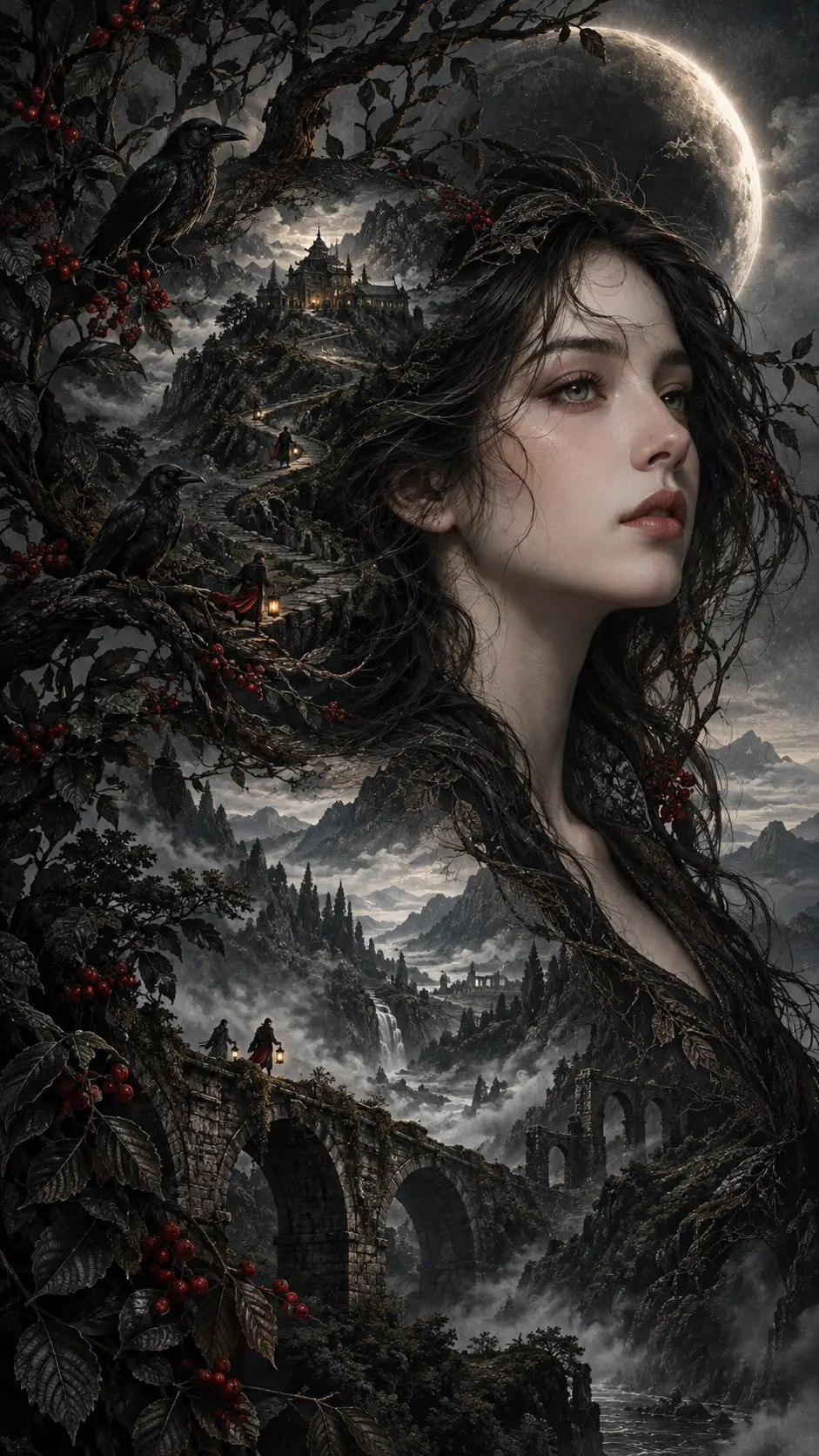 Enigmatic woman in profile with hair becoming ancient landscape