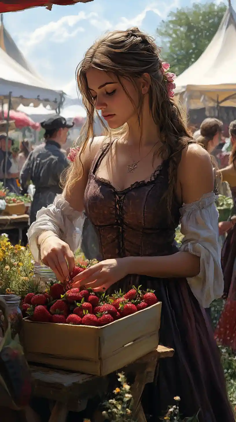 Bohemian woman arranging strawberries at autumn farmers market