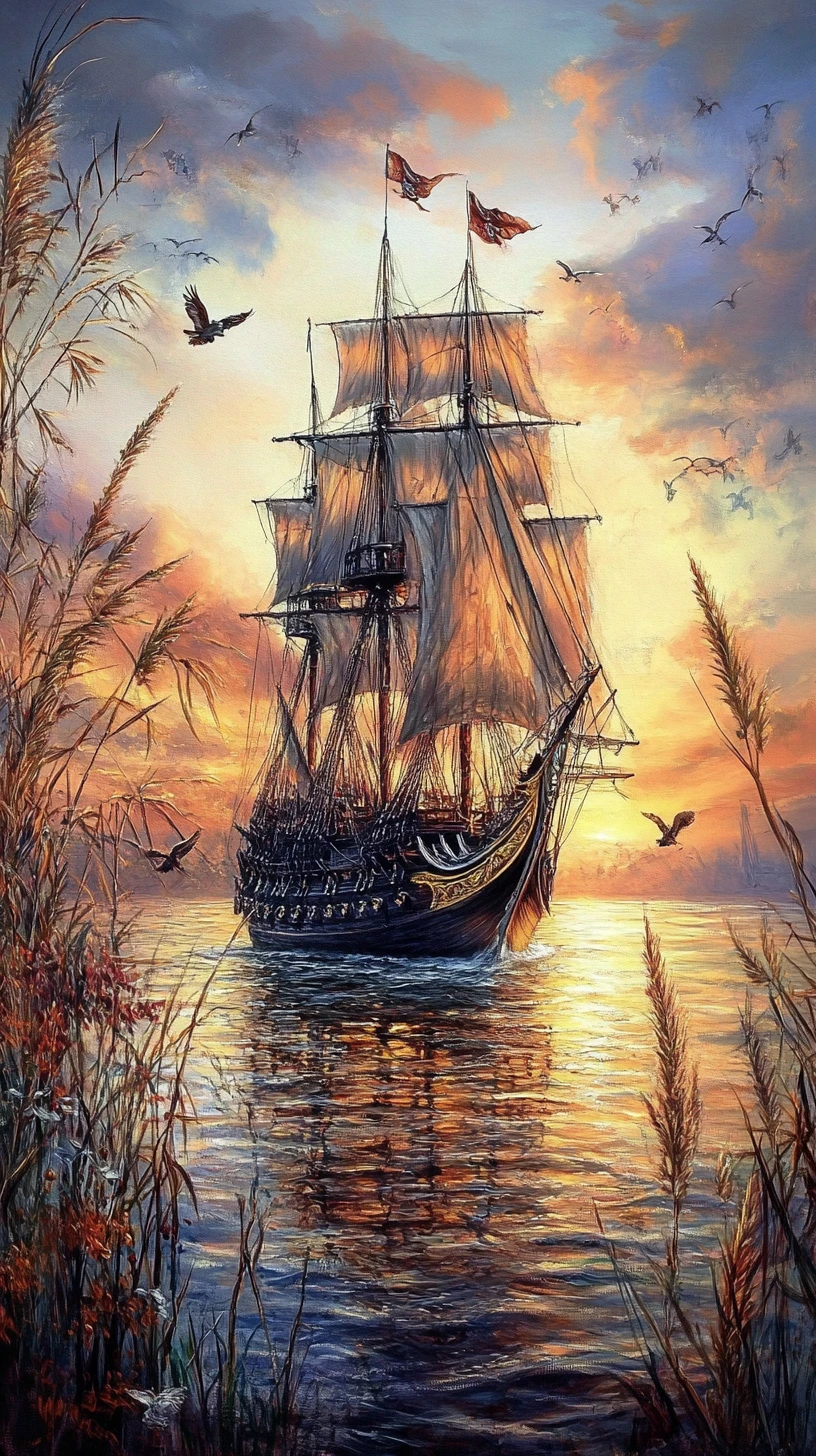 Romantic Oil Painting Of A Pirate Ship At Sea